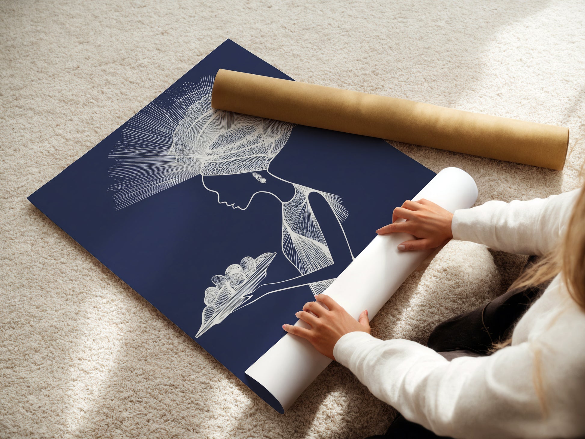 A woman is carefully rolling a fine art poster paper. She handles the delicate material with care. The poster paper is ready for framing or display. This highlights the attention to detail in art preservation. The fine art poster ensures high-quality prints.