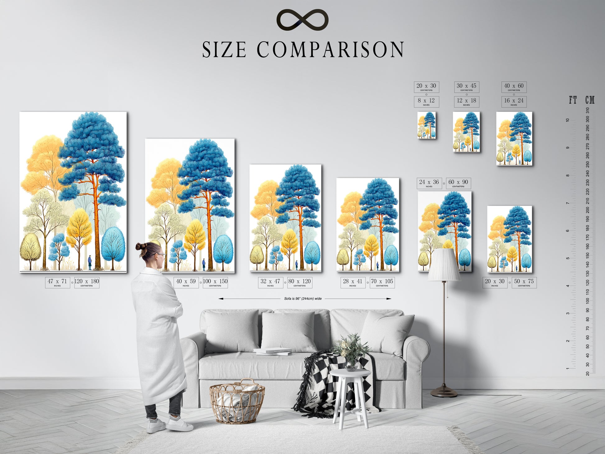Size comparison chart in an interior setting. Visualizing the ideal dimensions for your colorful forest artwork. See how our modern woodland art fits in your space. Find the perfect size for your tree wall decor and abstract print today.