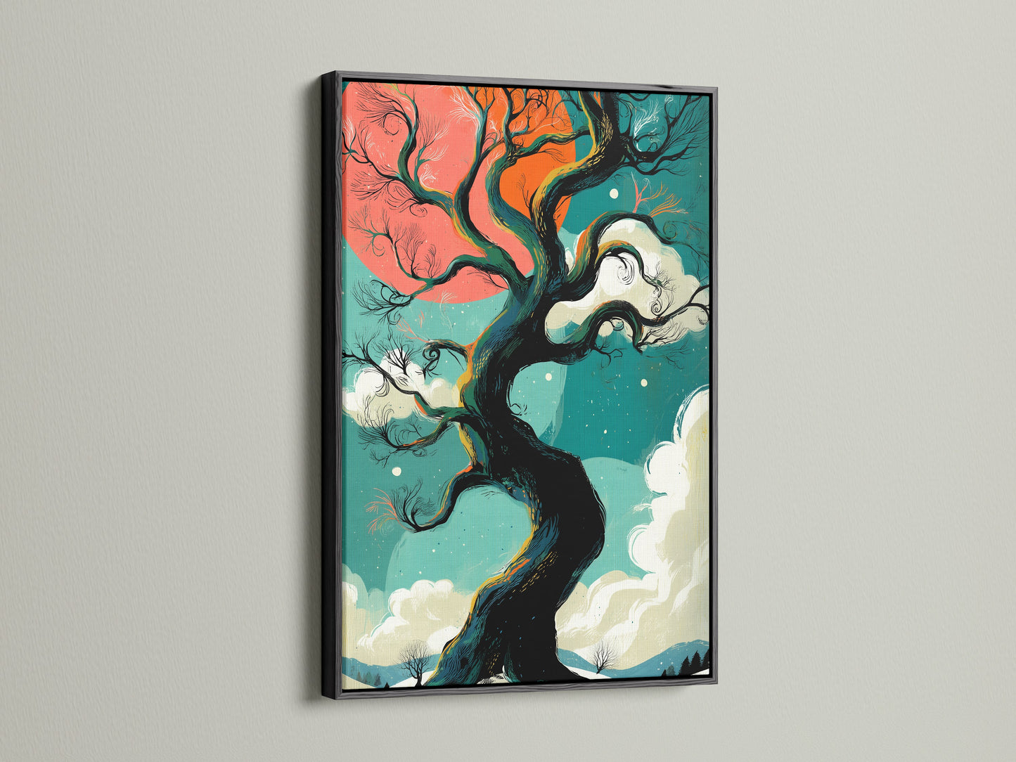 Winter tree artwork featuring a teal and coral sky is framed in black. Ideal fantasy landscape poster for a contemporary look. Transform your bedroom wall with this colorful nature artwork. A striking tree silhouette.