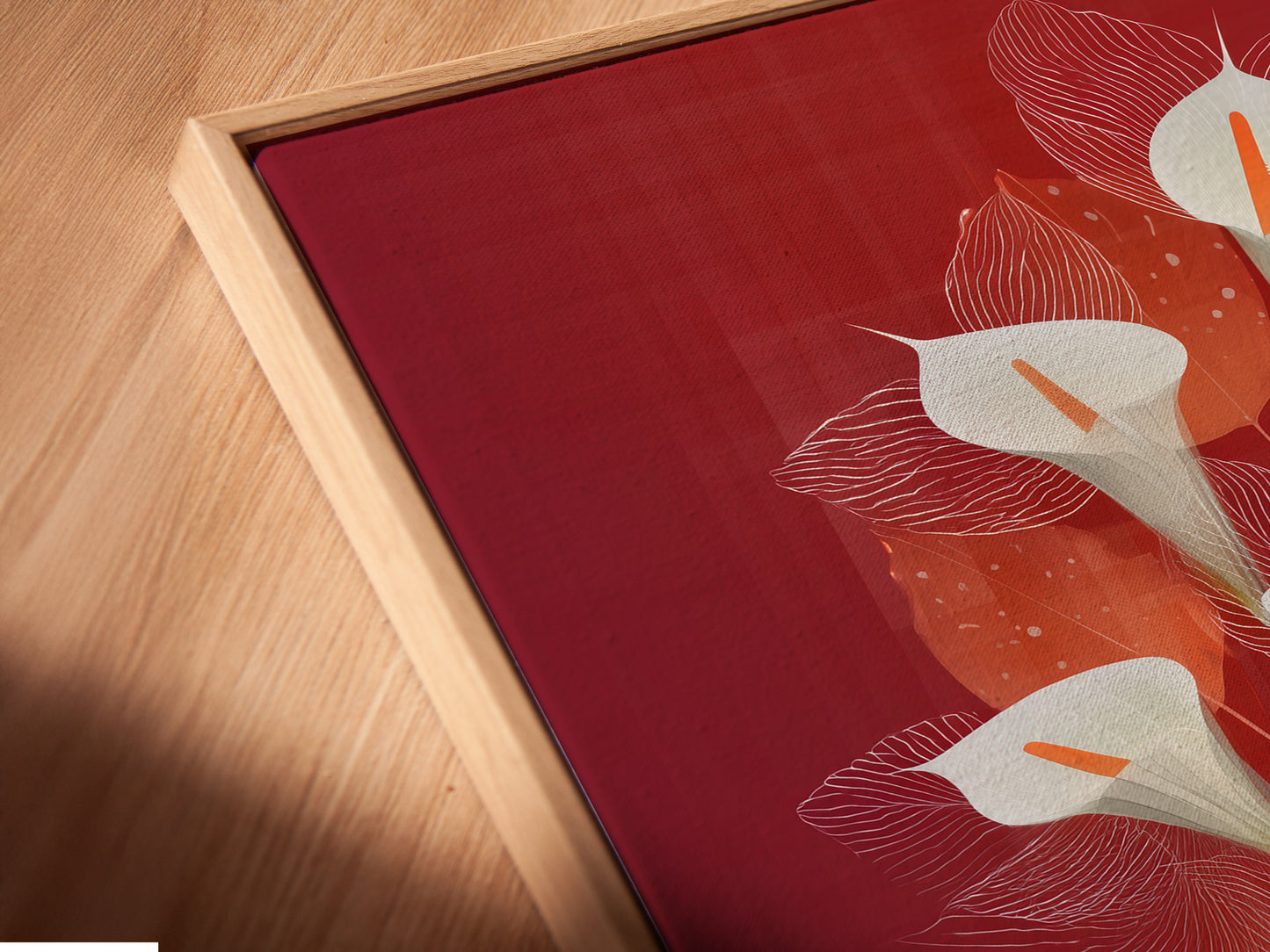 An angled close-up shows the canvas print in a floating frame. The floating frame gives the art a gallery-like appearance. This modern botanical art enhances any room. Perfect for those who appreciate fine details in floral artwork.