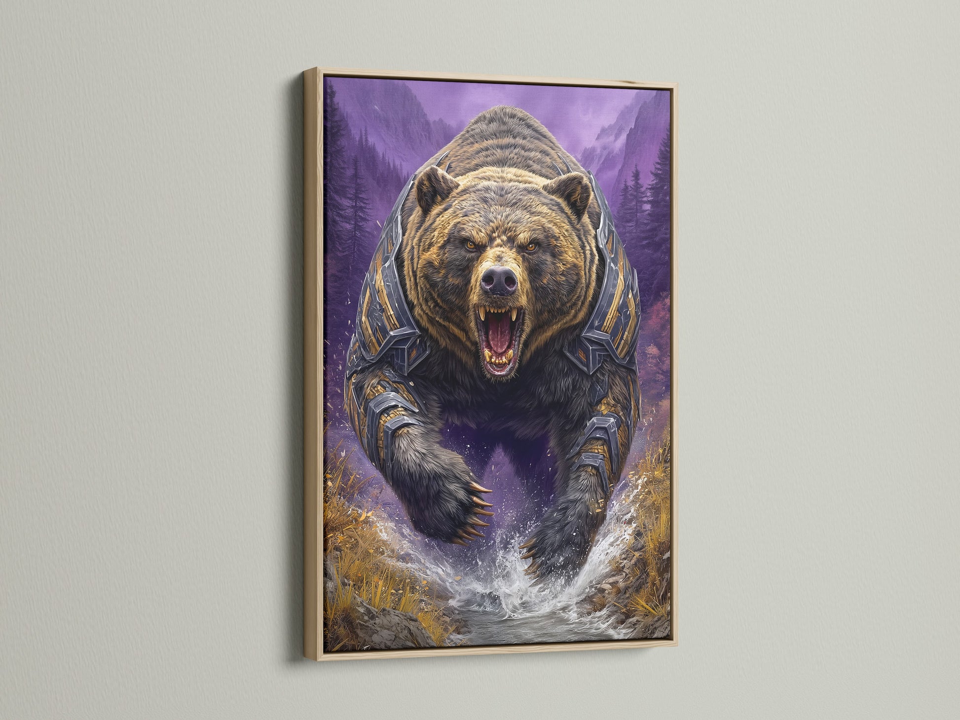 Grizzly Bear artwork displayed in an oak frame. This fantasy wildlife art features a bear in armor with a purple mountain background. Perfect wall art for a man cave or adventure themed space. Bring nature indoors.