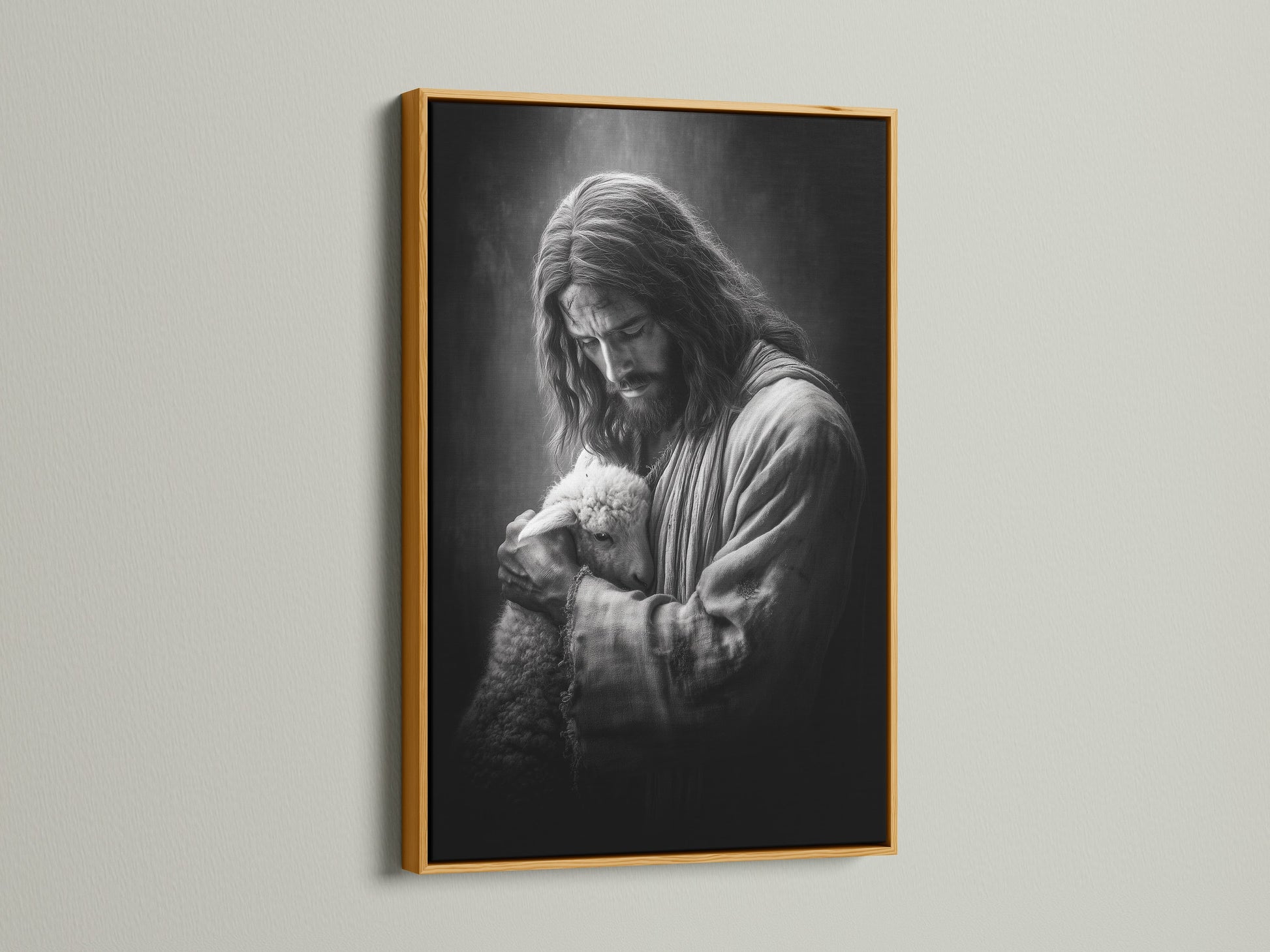 Artwork of Jesus holding a lamb is displayed in a gold frame. The gold frame offers a luxurious and elegant aesthetic. This frame enhances the artwork's beauty. It seamlessly integrates with any interior setting. Perfect for elevating decor.