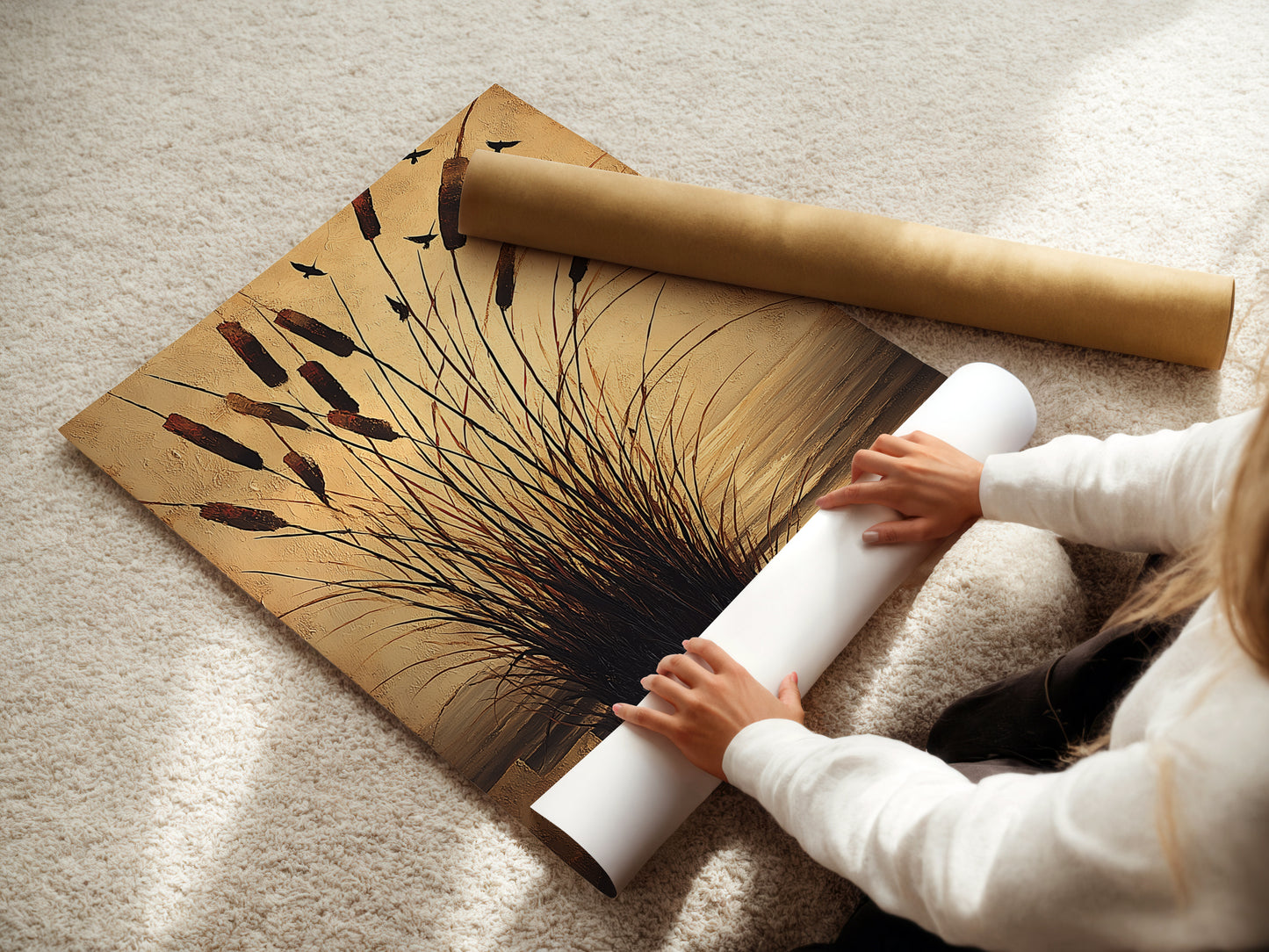 A woman rolling a fine art poster paper featuring cattails. High-quality coastal wall art for your home. Perfect for those seeking serene and neutral prints. Bring nature indoors with this artwork.