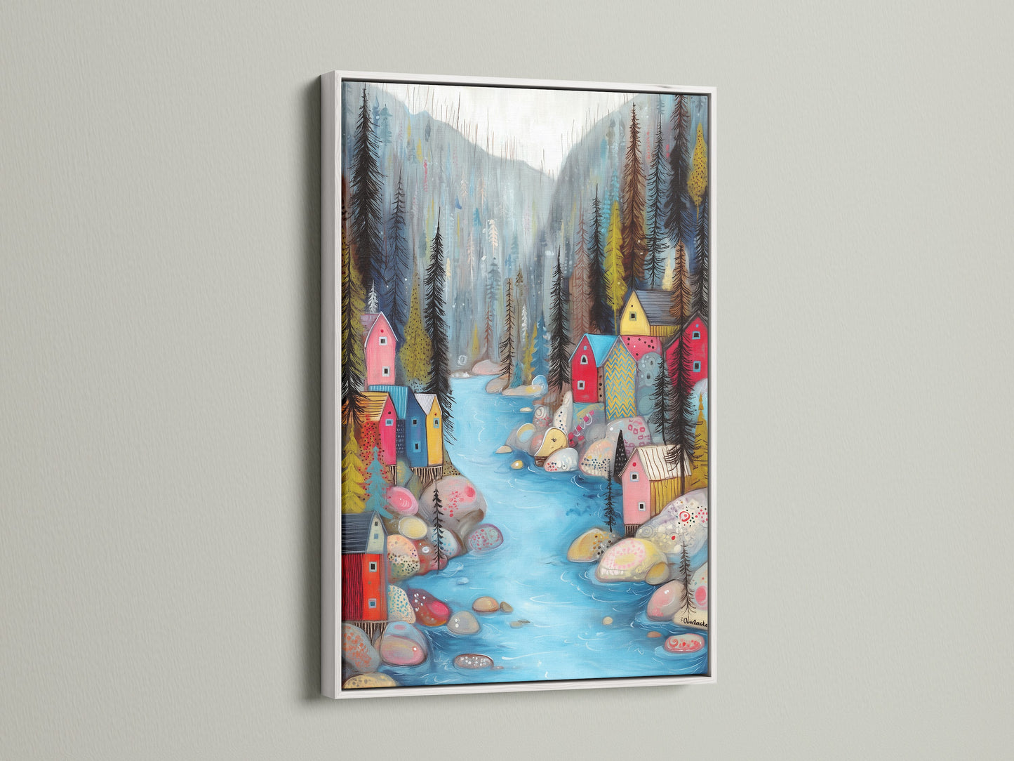 Village River forest print with a white frame. The colorful artwork brings a fresh and clean look. A white frame highlights the vibrant colors of the art. It creates a bright and inviting atmosphere in your home. This piece is great for nurseries or creative spaces.