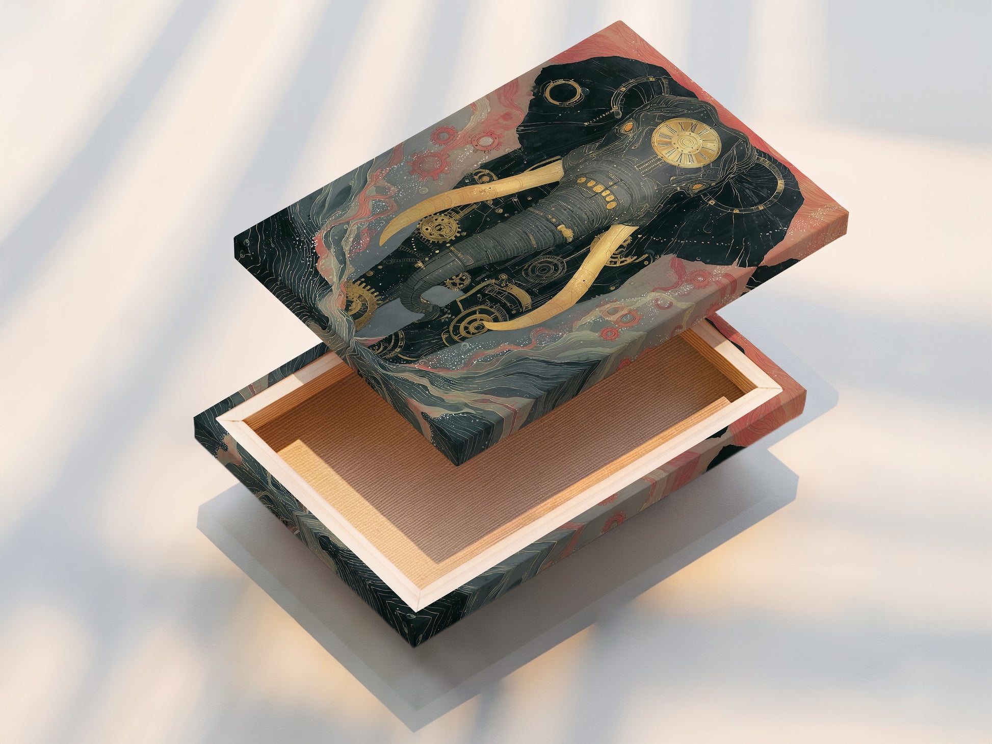 A beautifully stretched canvas print of a steampunk elephant. Mechanical animal art that stands out. This vintage wall art transforms rooms. Perfect industrial decor for any style.