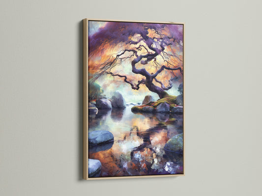 The Japanese Tree Canvas Print is showcased in an oak frame. The zen wall art depicts a beautiful water reflection. The Asian landscape brings a sense of calm. Ideal for living room art or spa wall decor. This bonsai tree print adds a peaceful touch.