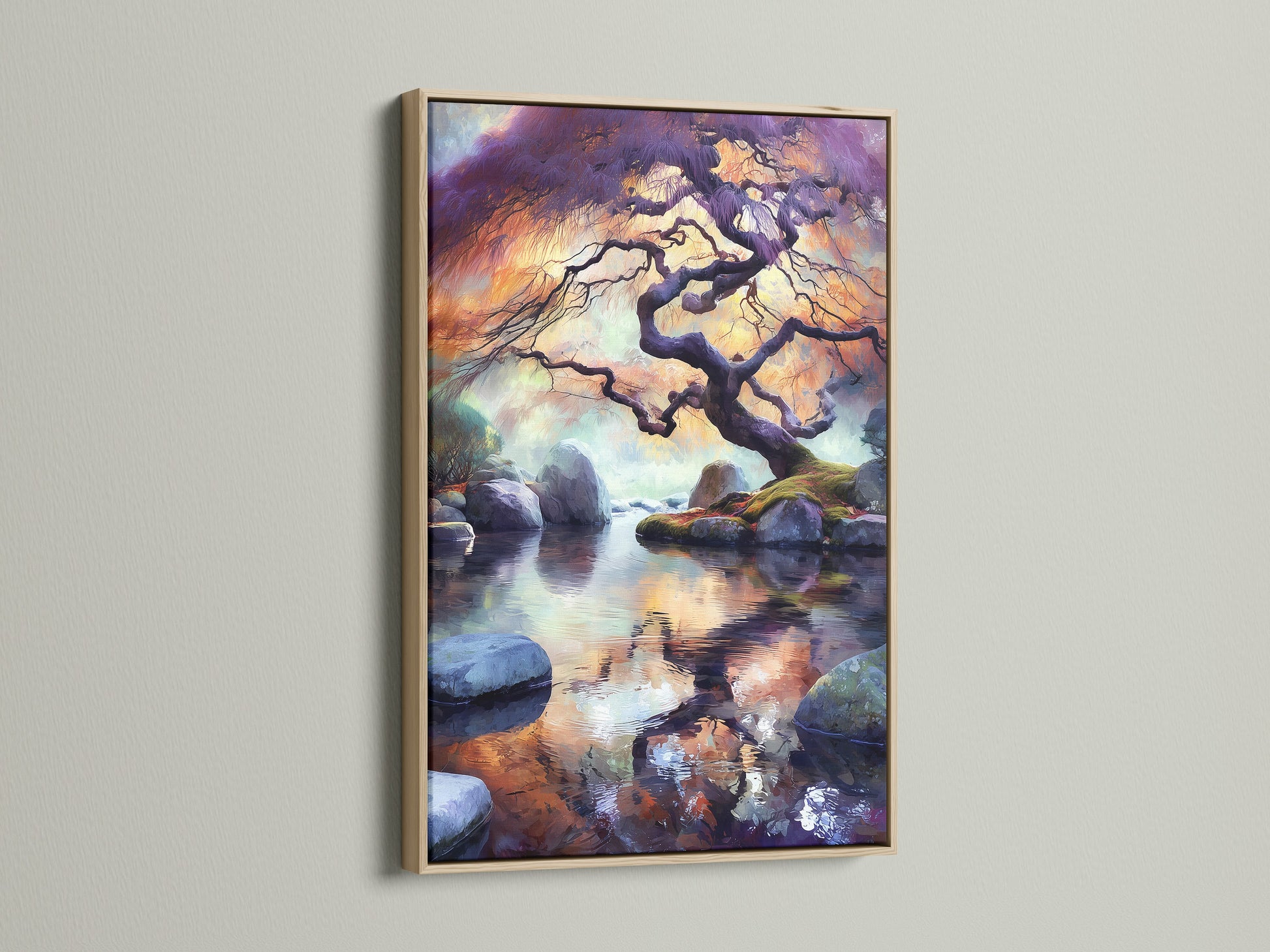 The Japanese Tree Canvas Print is showcased in an oak frame. The zen wall art depicts a beautiful water reflection. The Asian landscape brings a sense of calm. Ideal for living room art or spa wall decor. This bonsai tree print adds a peaceful touch.
