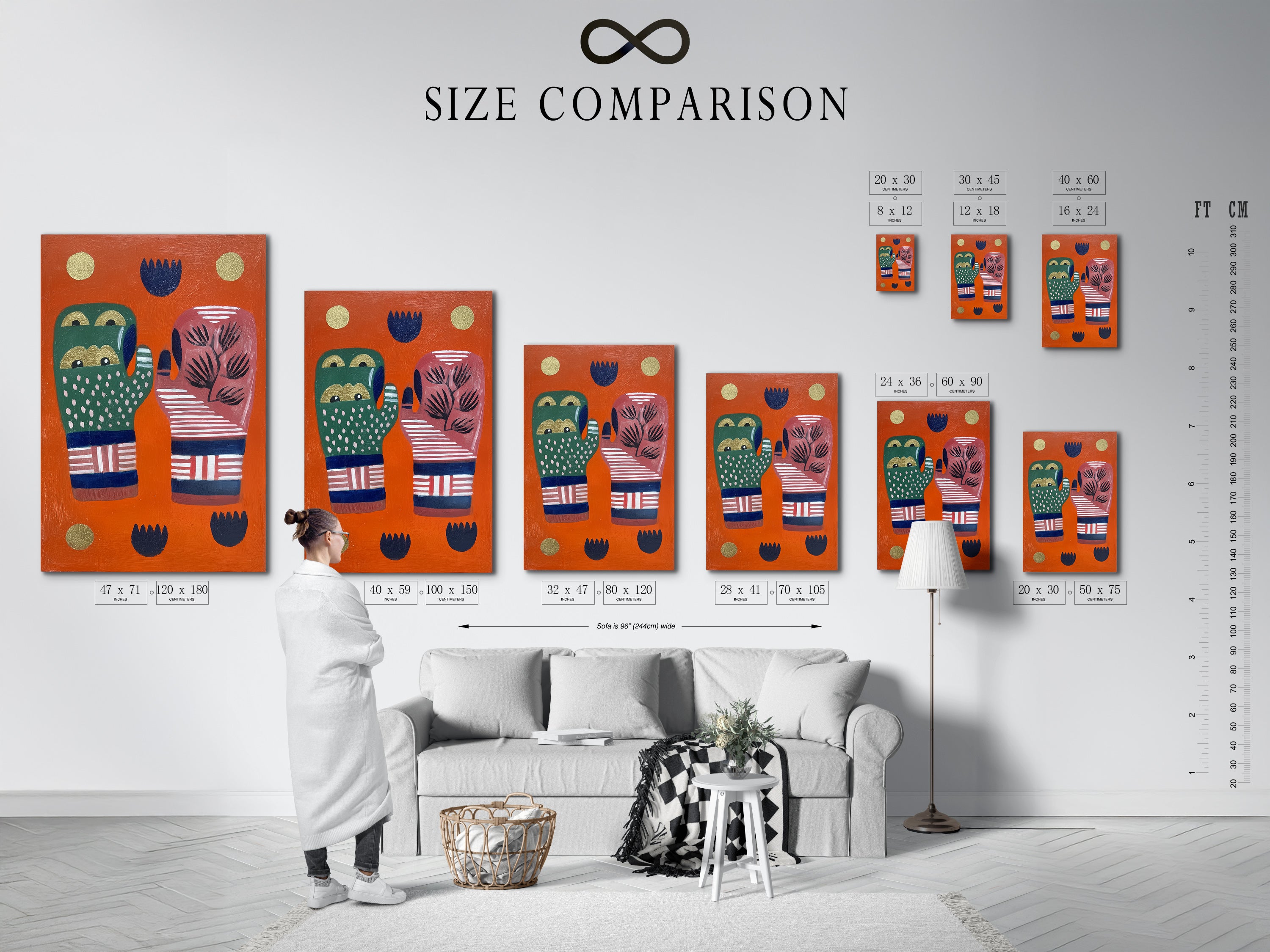 A size comparison chart is shown in an interior setting. The abstract hands artwork is available in various sizes. This helps visualize the perfect fit for your space. The colorful graphic artwork and modern folk art details enhance any room. The chart aids in selecting the ideal size for your decor needs.