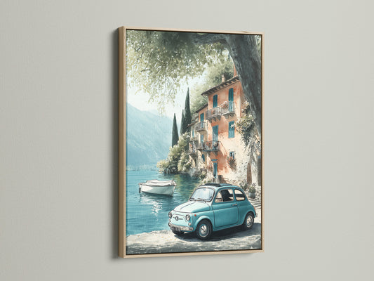 Vintage Italian Coastal Art Print - Mediterranean Lake Scene, Classic Car Wall Decor, Retro Travel Poster, European Village Art