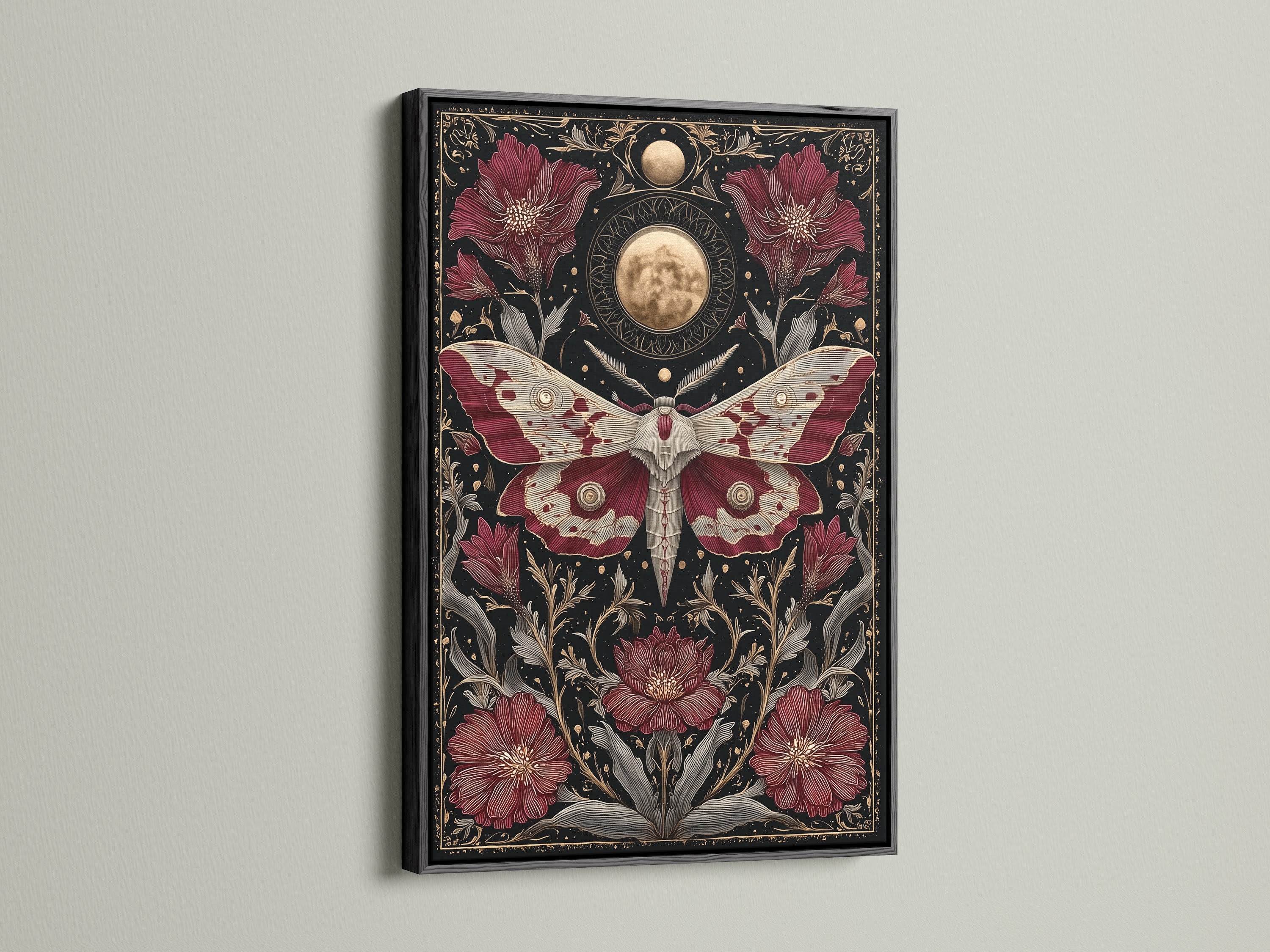 A black frame showcases the celestial moth art print. The gothic botanical artwork stands out. Moon phases add depth to the canvas. This is a striking piece of wall art.