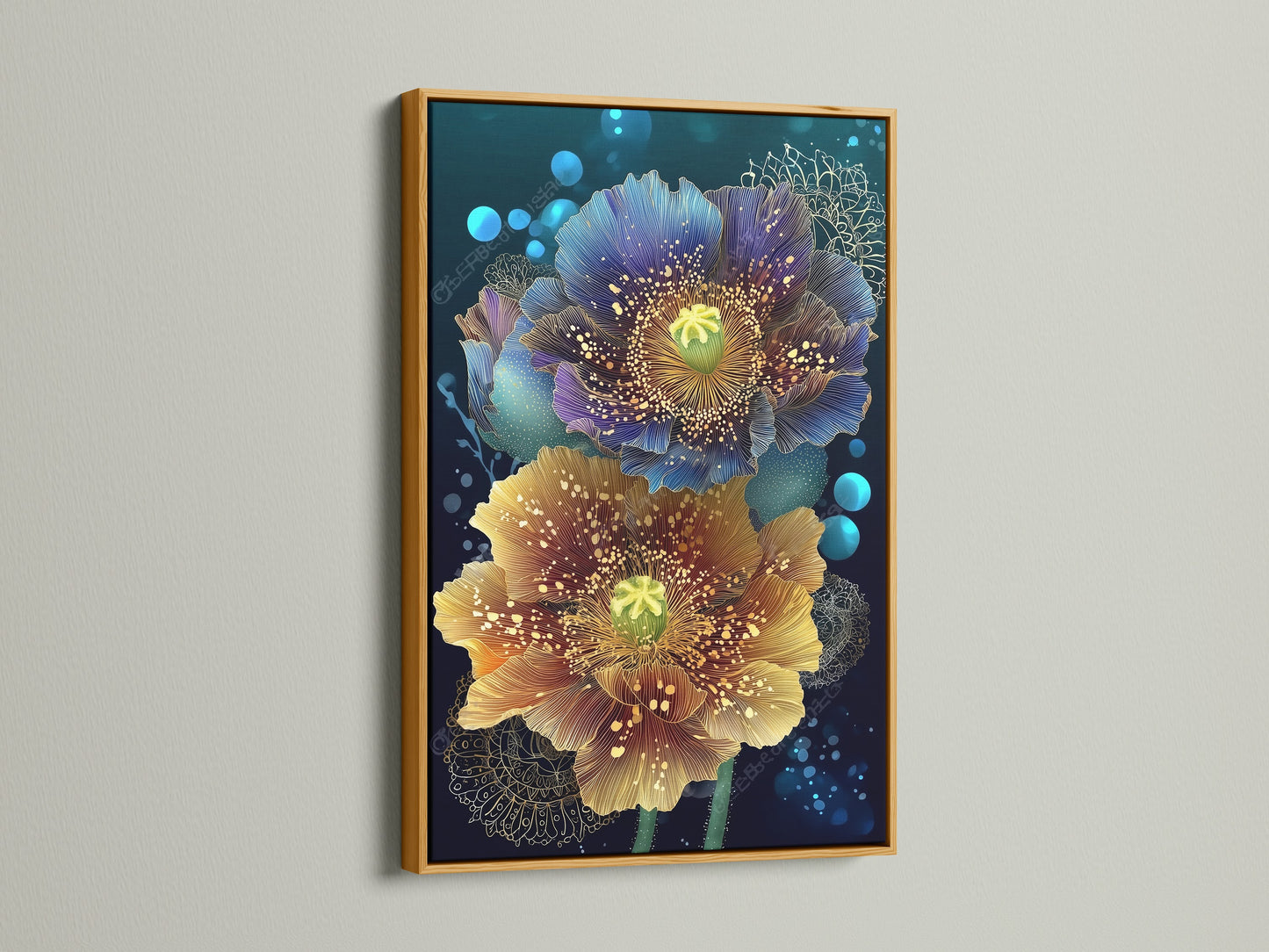 Floral canvas print featuring teal and gold botanical artwork. The print is showcased in a gold frame. This modern flower artwork is perfect for a bedroom. Elevate your walls with this flower canvas!