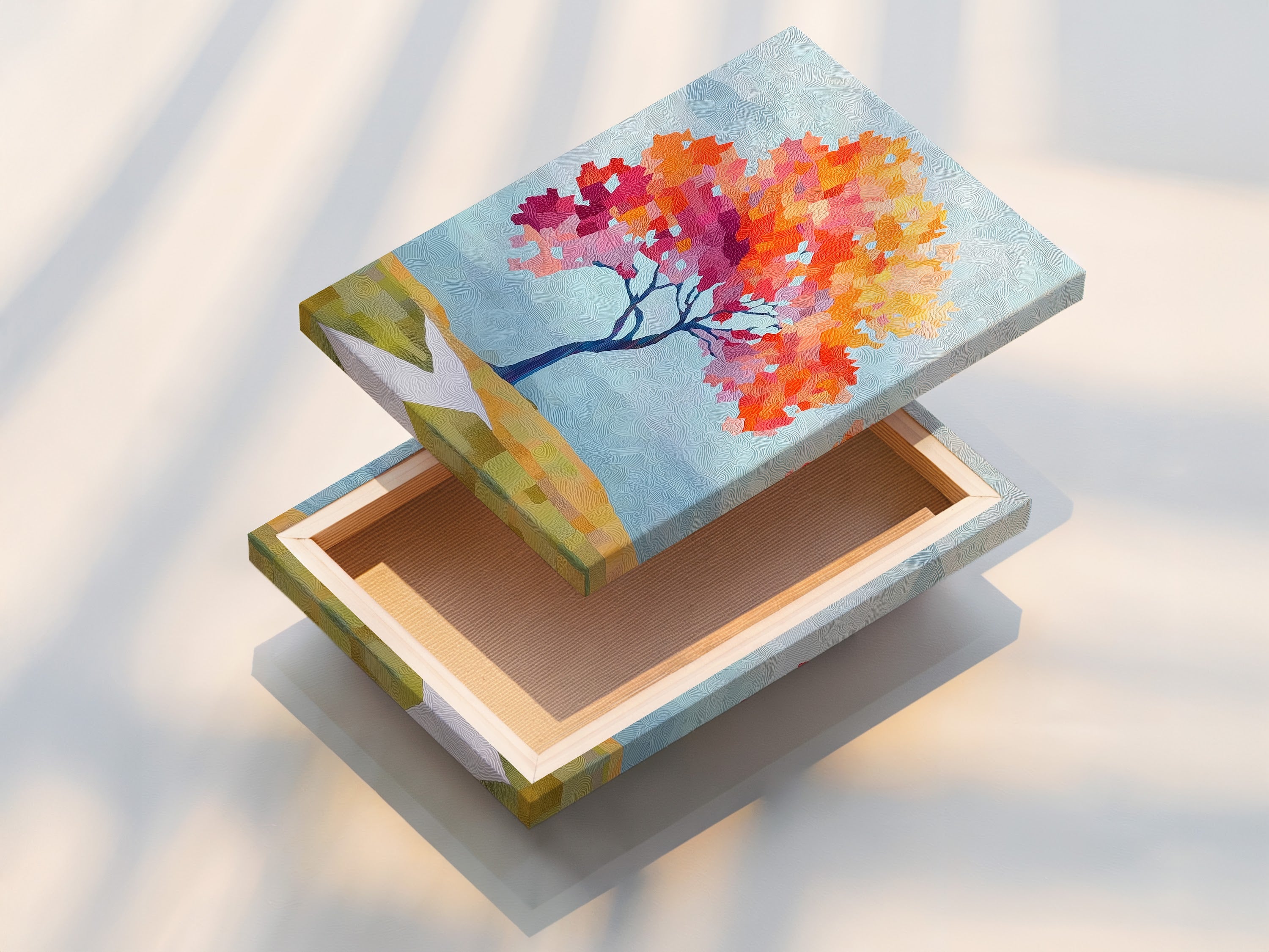 Stretched canvas print of the Autumn Tree art. The artwork displays vibrant fall colors. This contemporary nature artwork is ready to hang. Ideal for adding a pop of color to any room. It enhances bedroom wall decor.