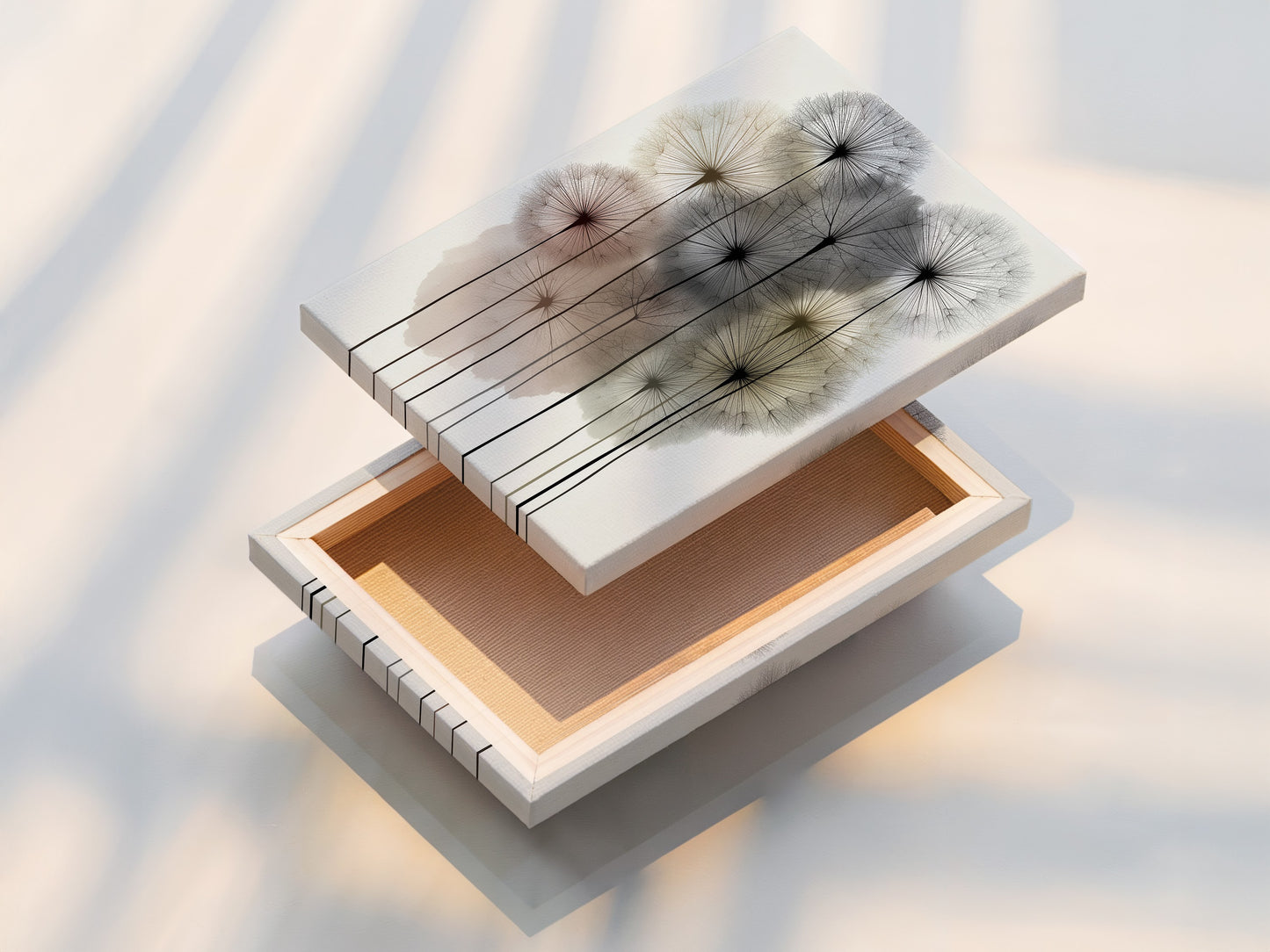 Close-up of a stretched canvas print. The dandelion artwork is ready to hang. This modern floral poster transforms your space. Enjoy high-quality botanical prints. Perfect for adding neutral wall art to your bedroom or living room. Ready to display minimalist art.