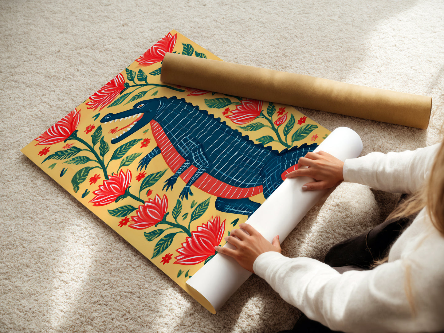 A woman carefully rolling a fine art poster paper. The paper features a colorful alligator artwork. This high-quality paper ensures vibrant colors and sharp details. Perfect for art collectors and enthusiasts.
