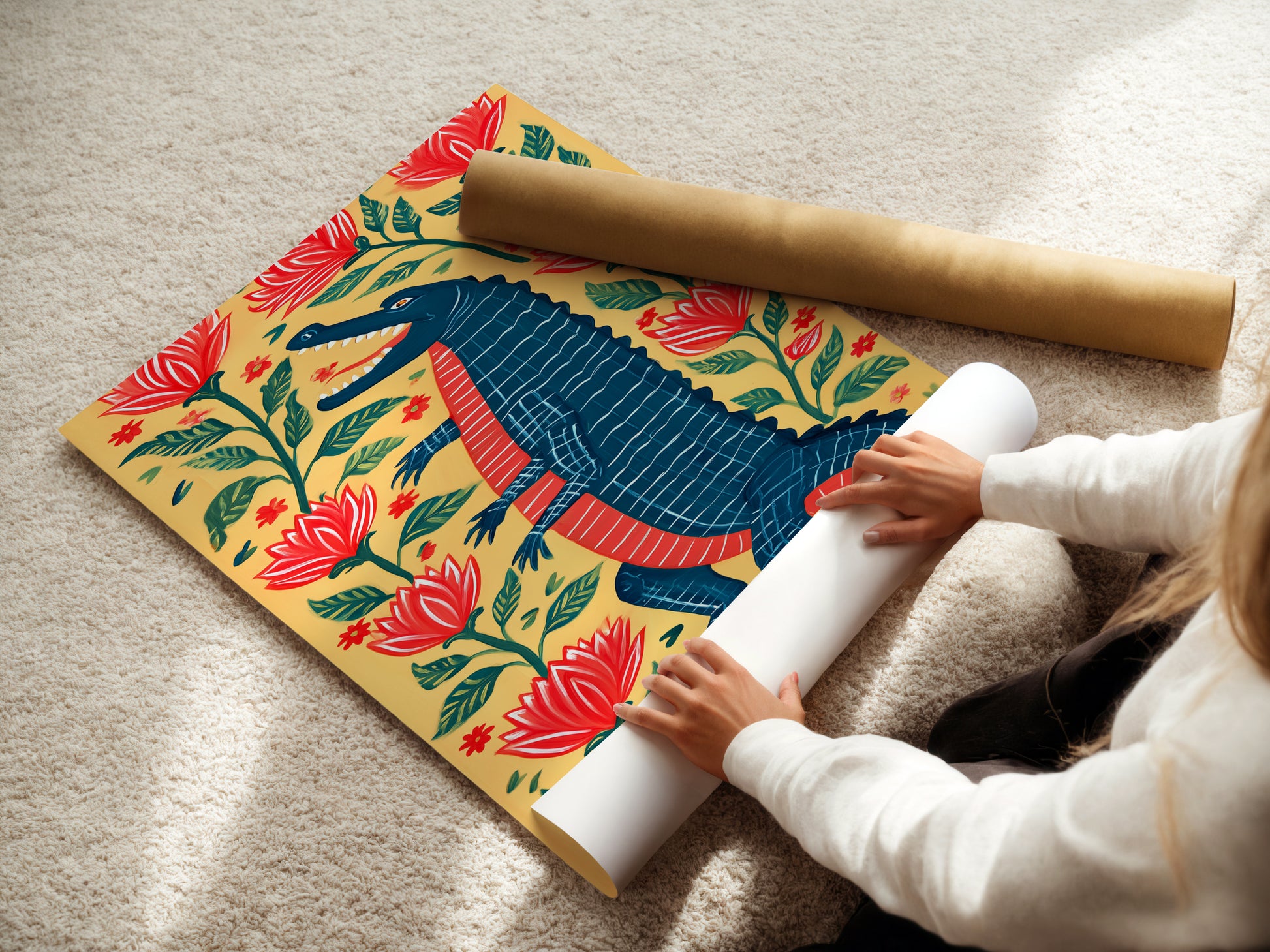 A woman carefully rolling a fine art poster paper. The paper features a colorful alligator artwork. This high-quality paper ensures vibrant colors and sharp details. Perfect for art collectors and enthusiasts.