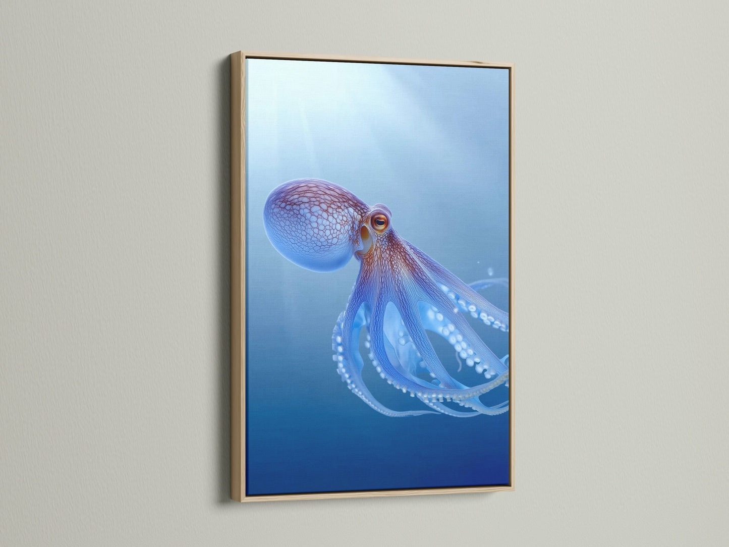 An oak frame enhances this stunning octopus art print. The teal blue sea wall art brings a coastal vibe to any room. It's perfect marine animal artwork for ocean lovers. The print adds elegance to beach-themed decor. Explore sea life art for your walls.
