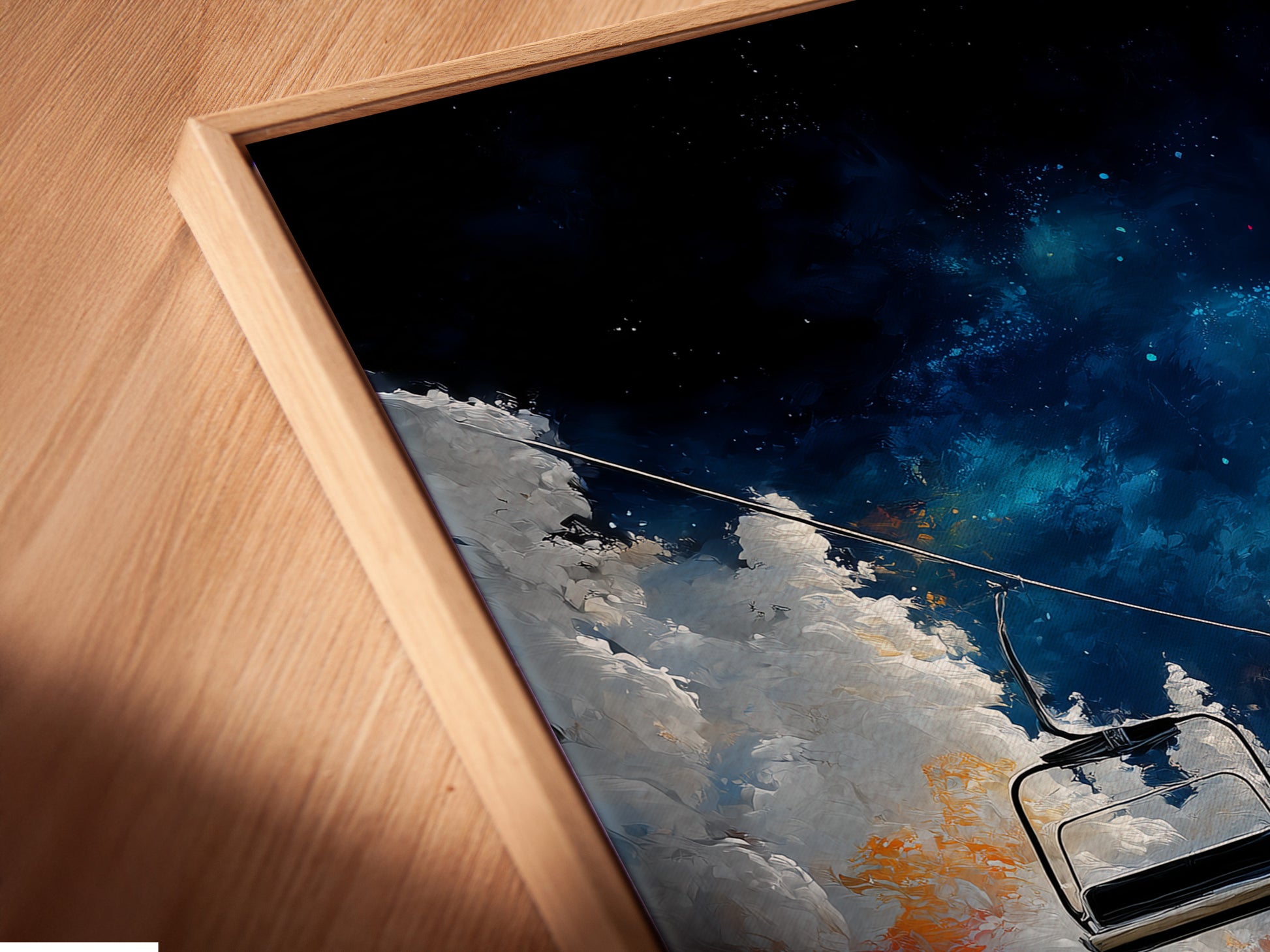 Experience the beauty of this canvas print in a floating frame. The angled close-up highlights the details of the ski lift art. Perfect for showcasing the depth and texture of the artwork. It adds a modern touch to any space.