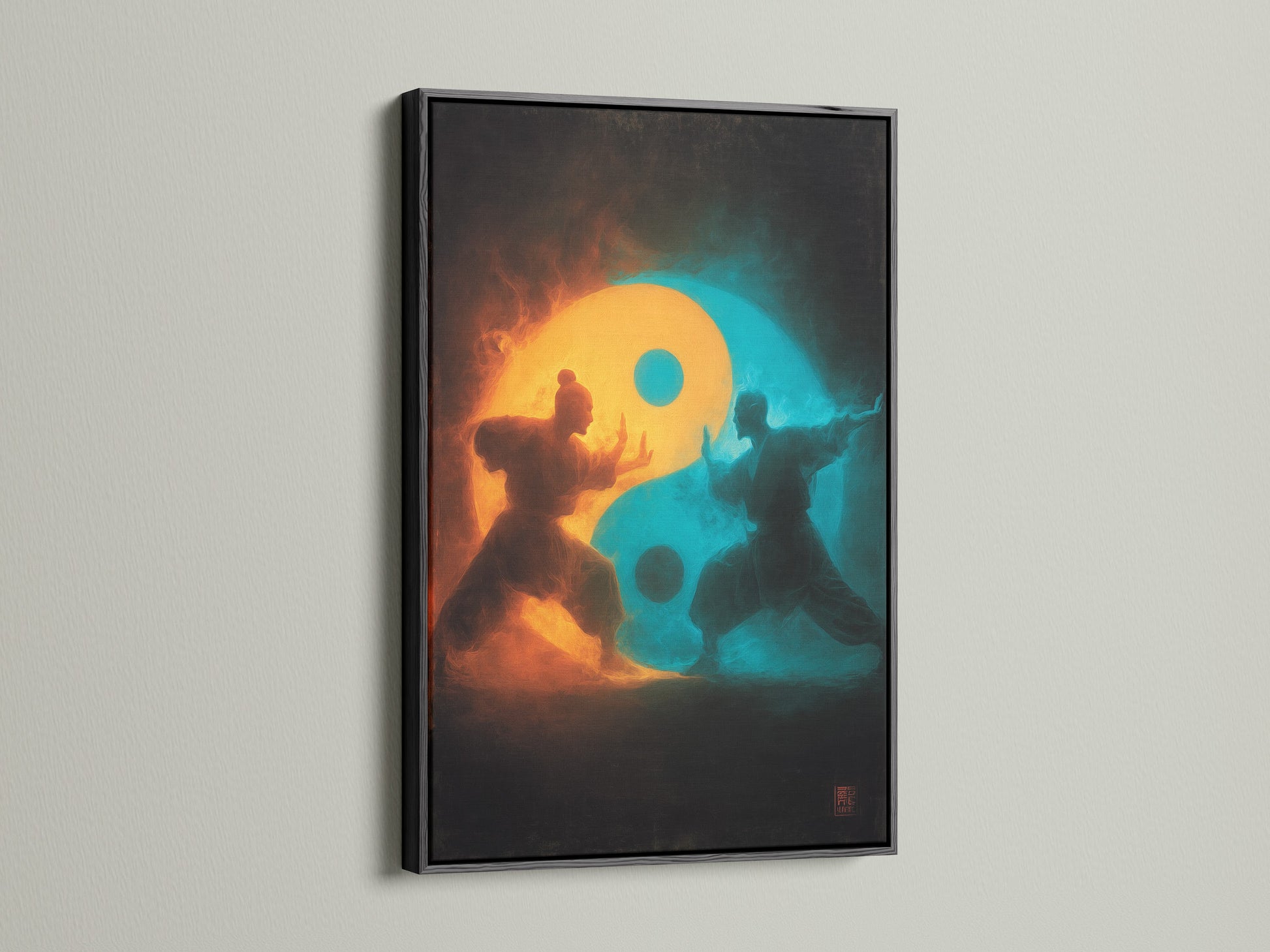 The artwork is showcased in a classic black frame. The frame is mounted on a white wall. The dark frame provides a striking contrast. It enhances the artwork's colors and details. This framed art adds sophistication to any room.