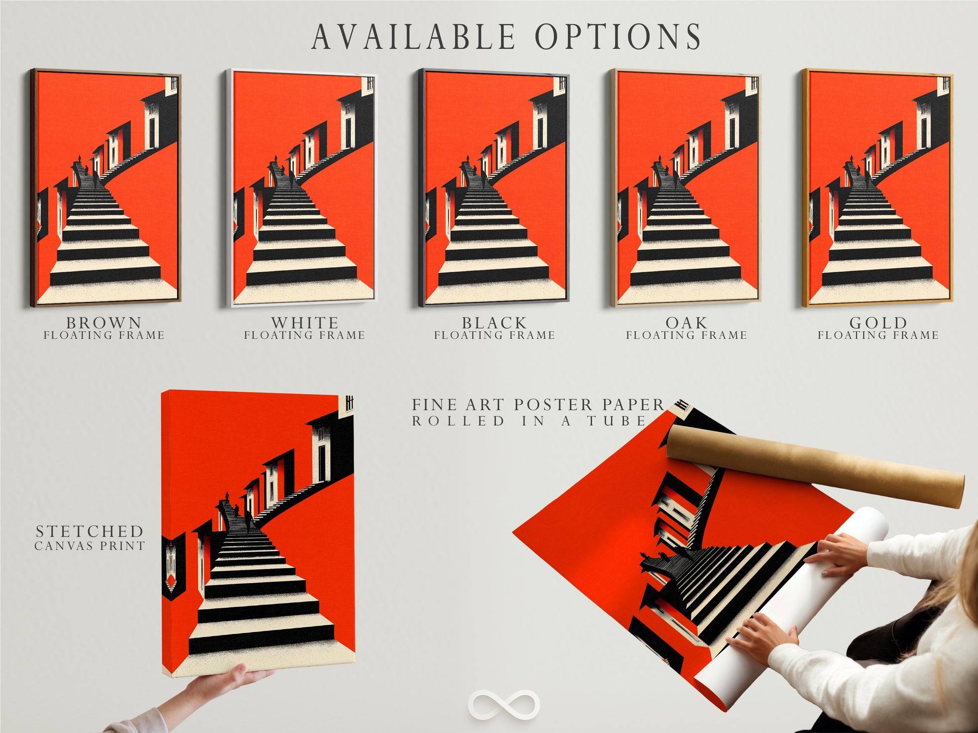 Available options for the Architectural Stairs Print include a stretched canvas print fine art poster paper and a floating frame. Choose the perfect format to suit your style. The bold orange modern wall art is a must-have. Enhance your home decor with this geometric building canvas.