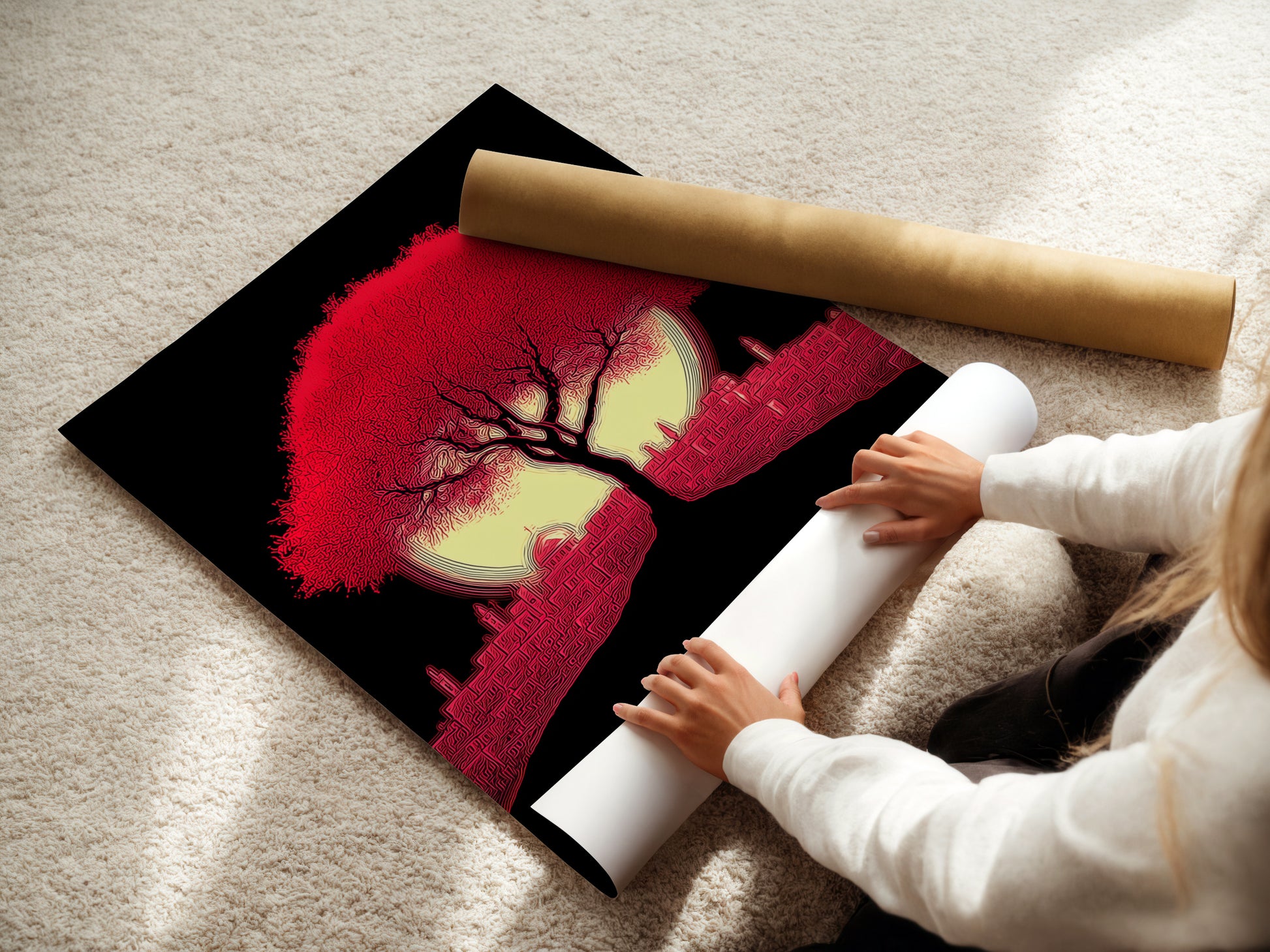 A woman is carefully rolling a fine art poster paper of the Crimson Tree artwork. The red cityscape wall art is a modern silhouette. This fine art poster paper ensures quality and detail. Perfect for preserving your modern art.