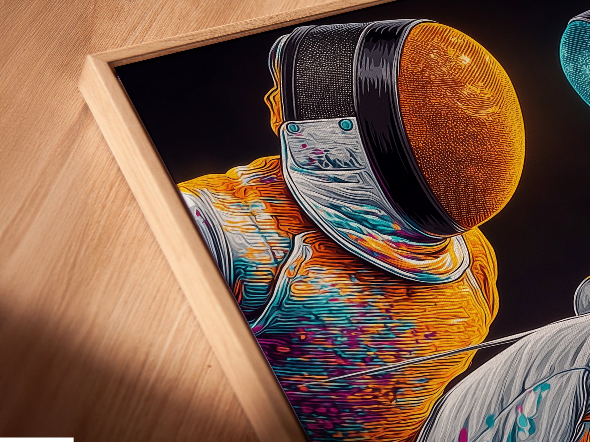A close-up angled view of a Fencing Duel canvas print. It is set in a floating frame. The modern sport wall art enhances game room decor. This abstract fencer artwork makes a great athlete gift