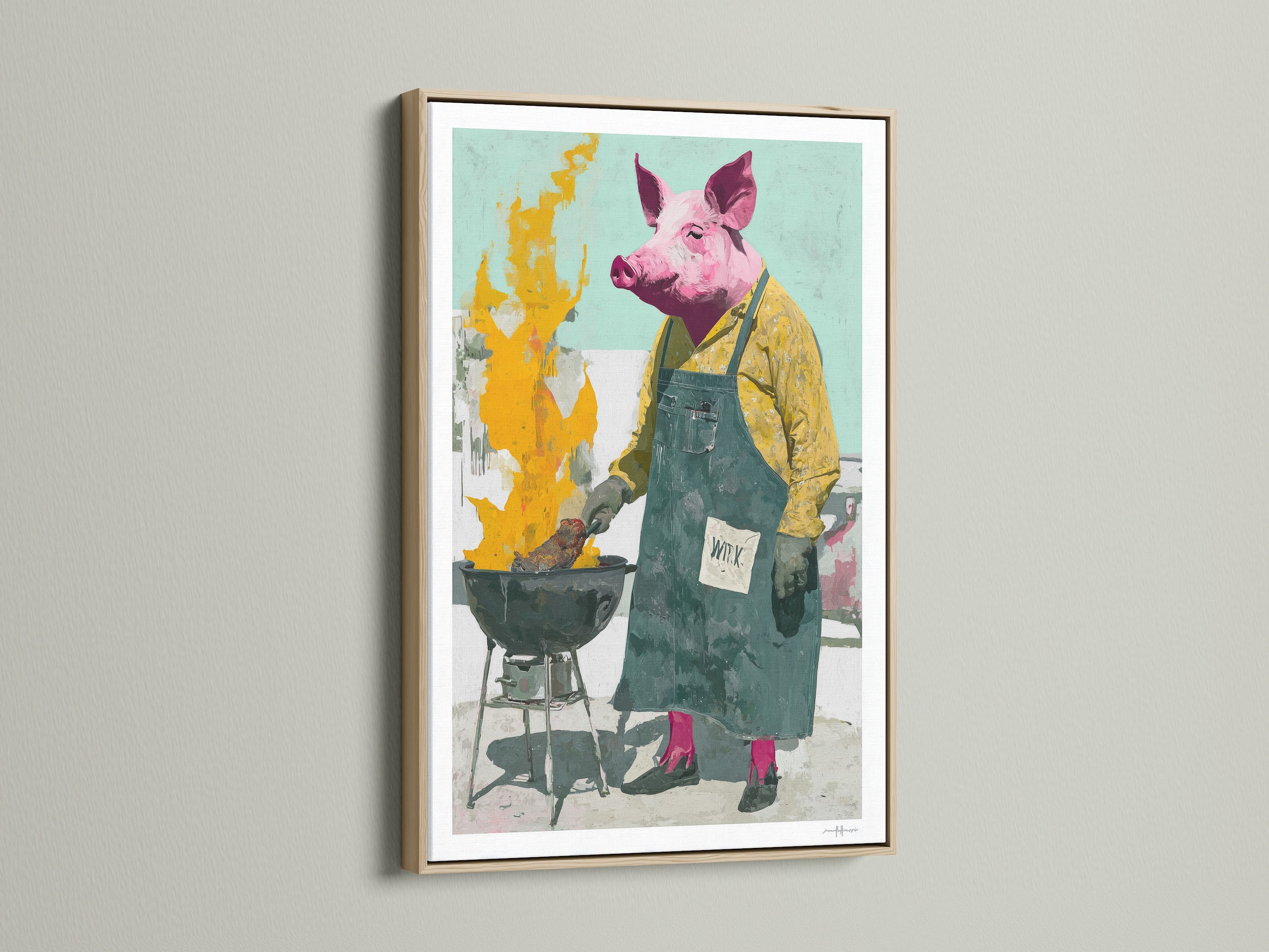 The Pig Chef art print looks fantastic in an oak frame. The light wood complements the artwork's playful style. It's ideal for a kitchen dining room or restaurant. The oak frame adds warmth and character.