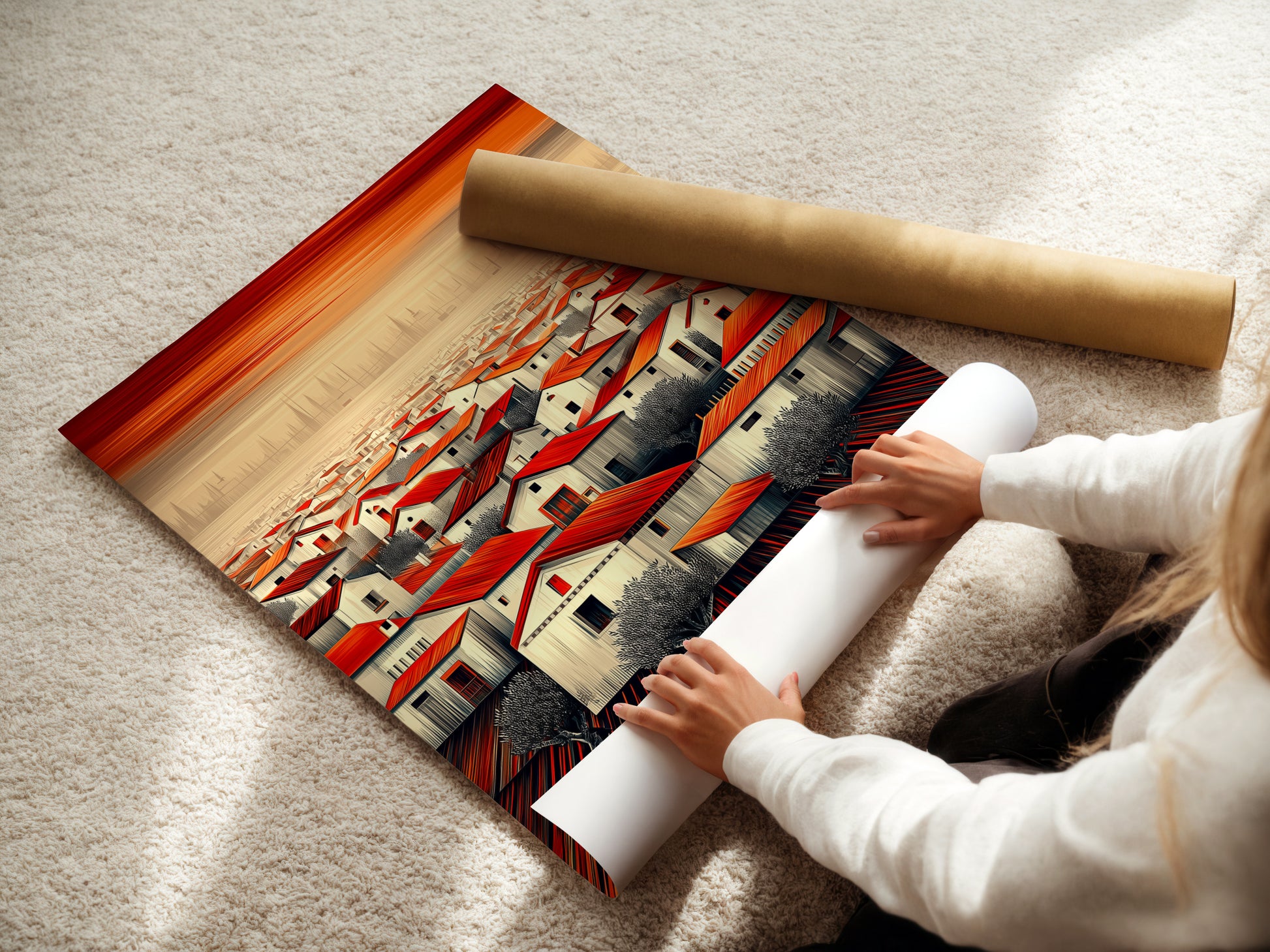 A woman is carefully rolling a fine art poster paper of the 'Red Roof Village' artwork. This high-quality print captures the detail of the Mediterranean town. Ideal for framing or displaying as a poster. A great addition to any art collection.