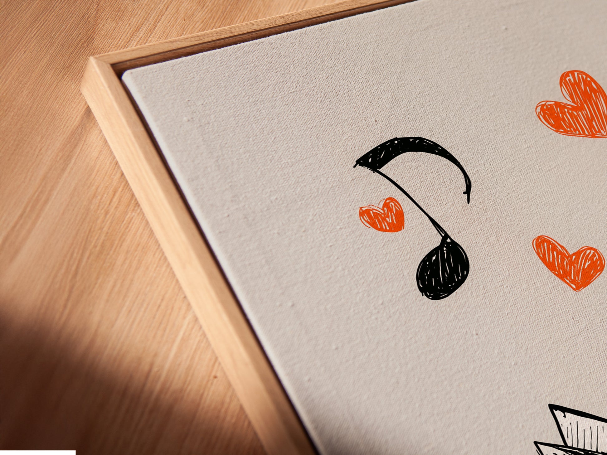 Close-up angled view of a canvas print in a floating frame. The origami cranes artwork is visible. It features two origami cranes on a music sheet background. The floating frame gives a modern touch.