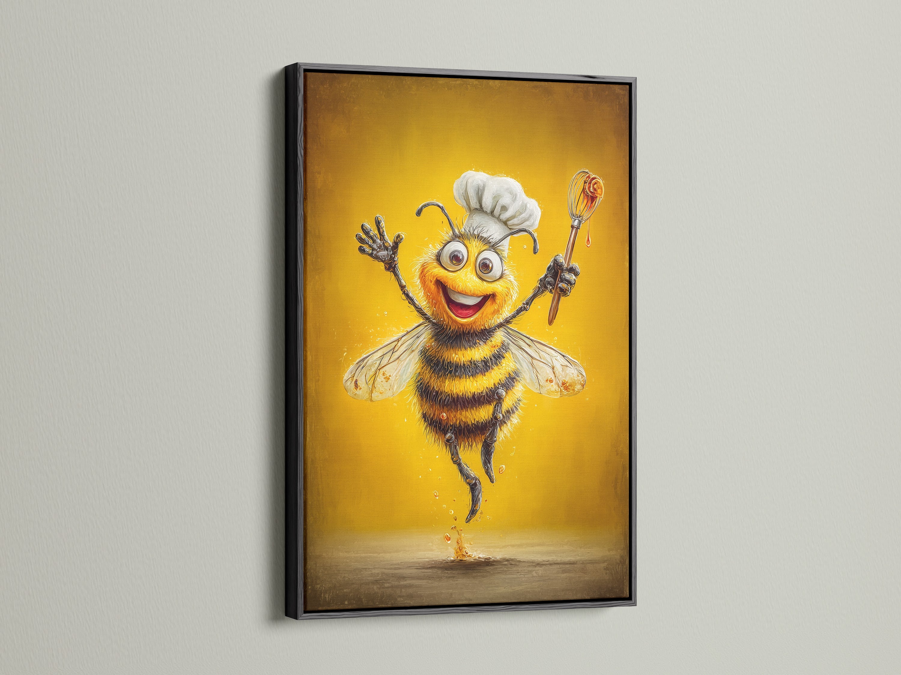 Chef Bee artwork in a black floating frame. This food wall decor adds a touch of whimsy. This bee artwork is a great addition to studios. A contemporary chef wall art piece for your kitchen canvas art collection.