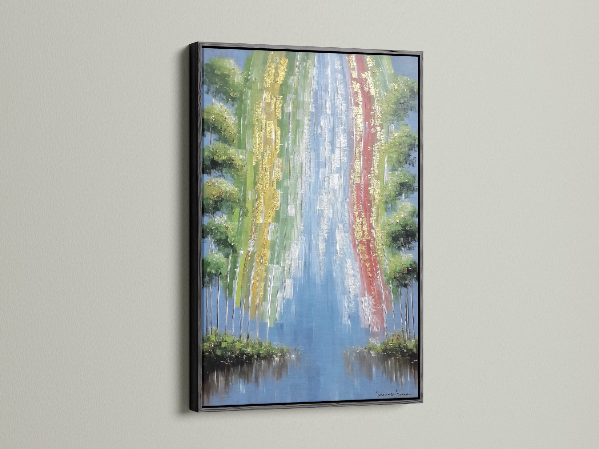 Abstract Waterfall artwork with a black frame. The abstract canvas art adds a modern touch to any room. This nature wall art is a colorful statement piece. A river print brings the outdoors inside. Ideal for minimalist styles.