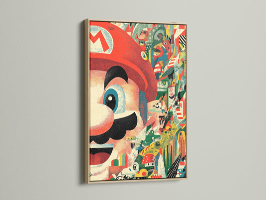 This Mario collage art print is showcased in an oak frame. The retro gaming wall art adds warmth to any space. The oak frame enhances the Nintendo canvas print. Perfect for your unique game room decor.
