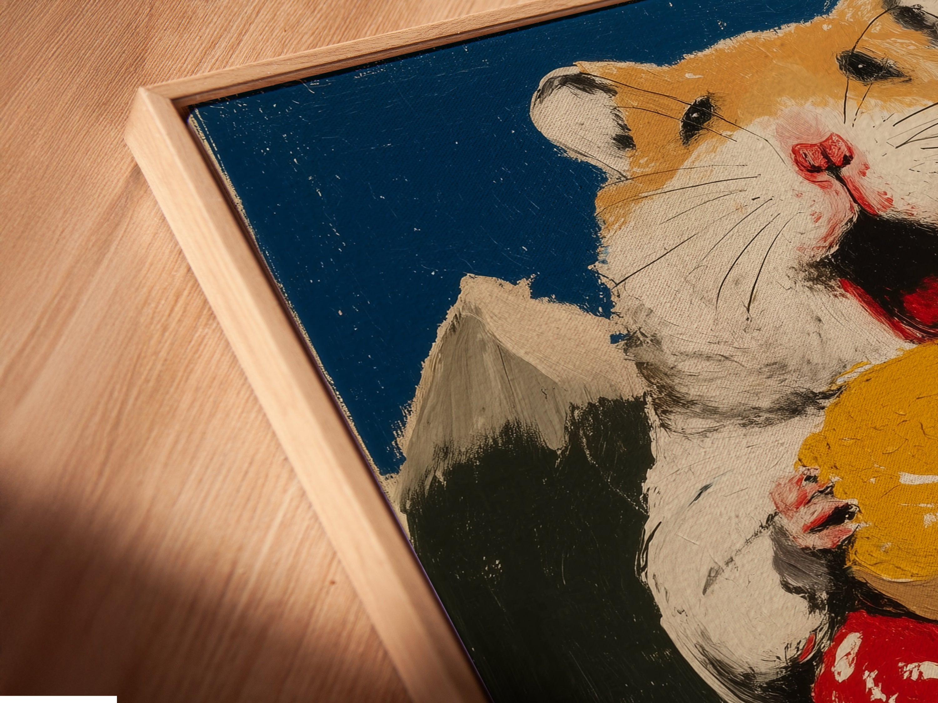 A close-up of the Hamster Donut artwork. The artwork is in a floating frame. This art is perfect for a kitchen or bakery. The artwork features a cute hamster holding a stack of colorful donuts. This is a fun and quirky piece of art.