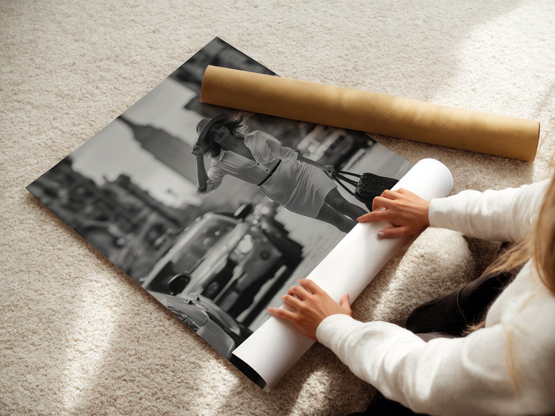 A woman is carefully rolling a fine art poster paper. The paper is handled with care to preserve its quality. We ensure your art is perfectly prepared for framing. Experience the premium quality of our fine art poster paper.