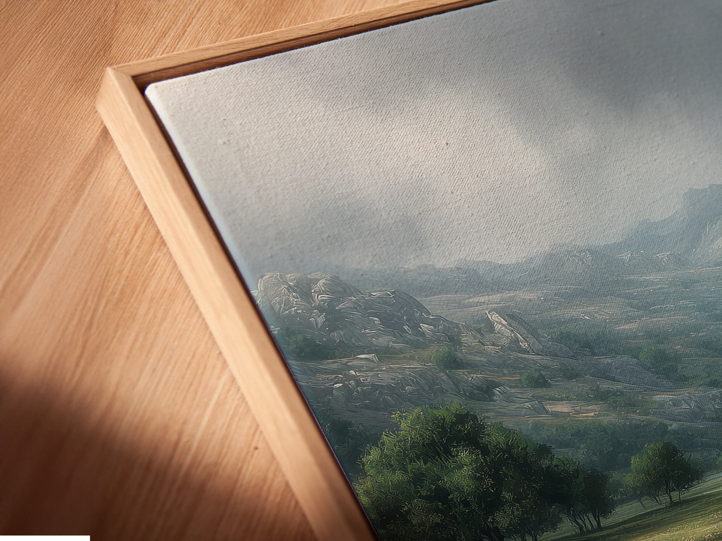 Angled close up reveals a canvas print in a floating frame. The artwork seems to hover within the frame. This creates a contemporary and eye-catching display. The texture of the canvas and the sleek frame adds depth. It enhances the artwork's visual appeal. A modern way to display art.