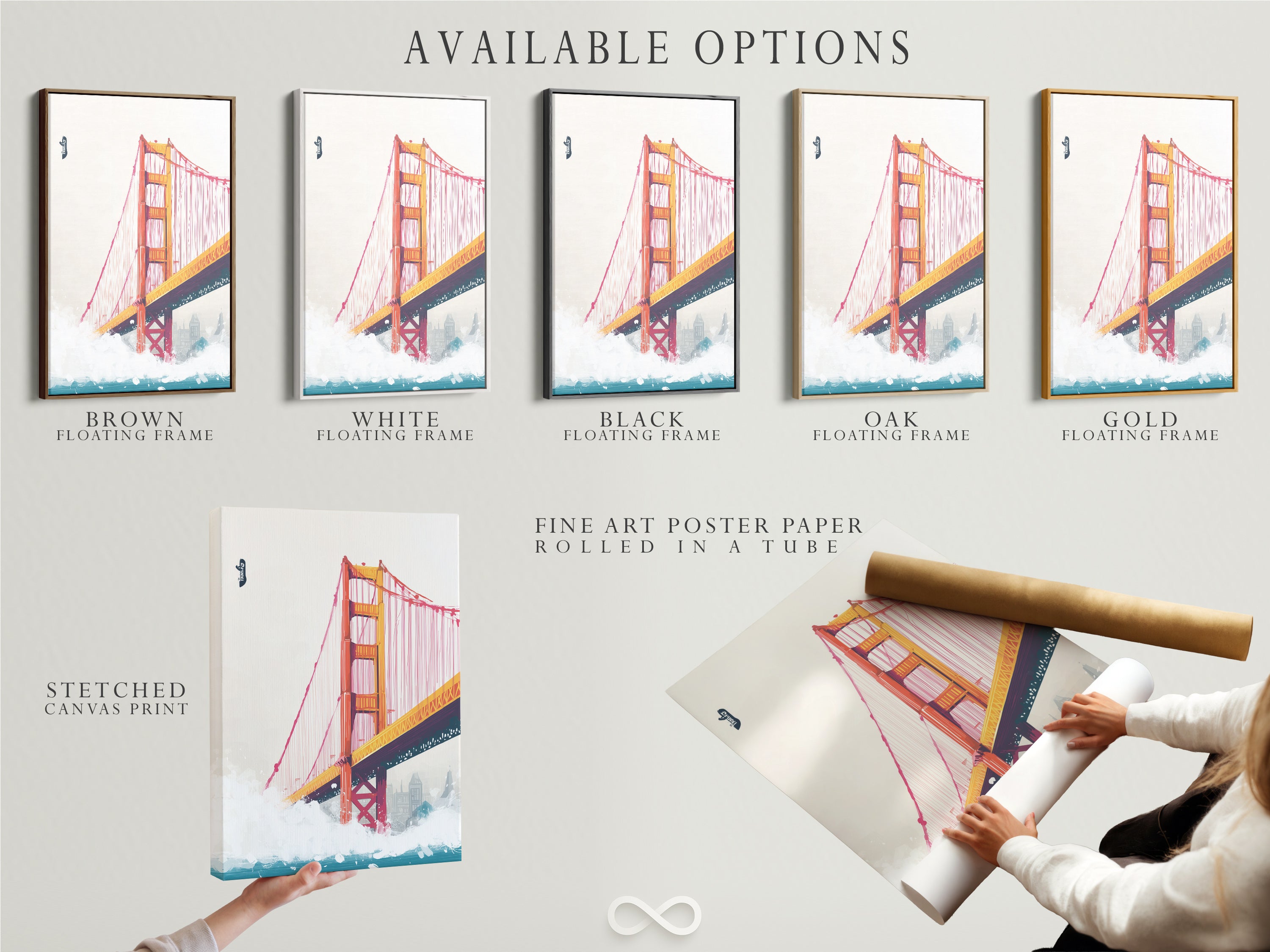 Available options for your San Francisco artwork are displayed. Choose from a stretched canvas print a fine art poster paper or a floating frame. Find the perfect presentation for your Golden Gate Bridge art today.