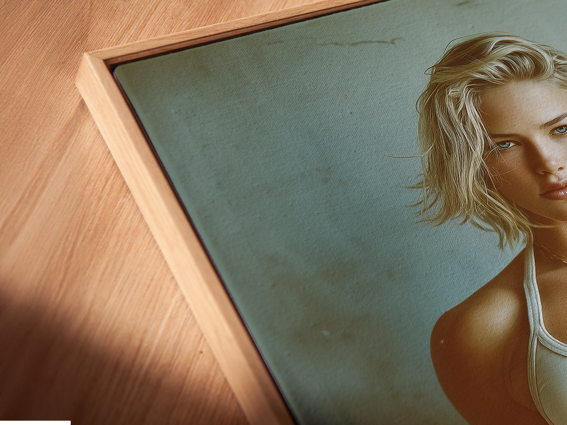 A close-up angled view of the Fitness Motivation canvas print in a floating frame. The artwork features a strong woman. The floating frame gives a modern gallery look. This artwork enhances workout spaces and home gyms.