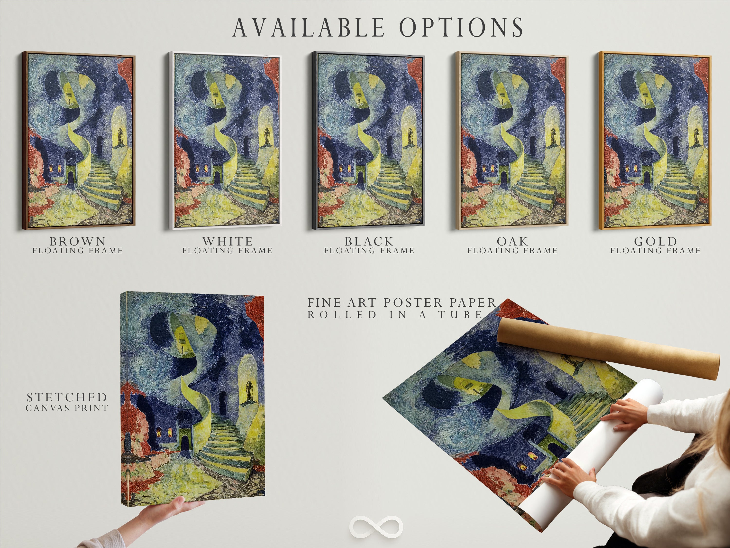 Available options include a stretched canvas print. You can also get fine art poster paper or a floating frame. The surreal staircase artwork is in a Van Gogh style. It's dreamlike architecture. The art nouveau style is prominent with blue and yellow hues. Customize your artwork to match your style. It's perfect for any room.