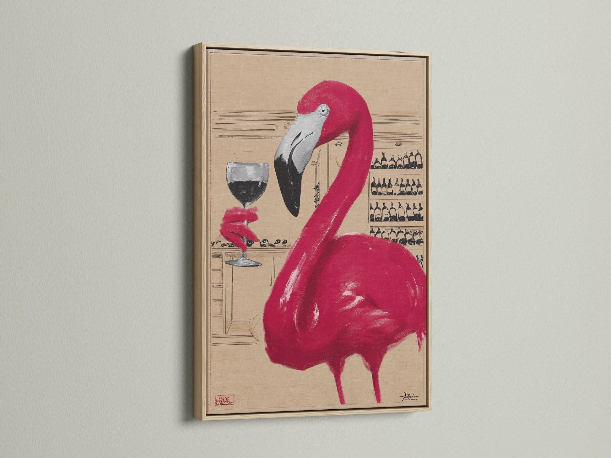 The pink flamingo wine art print is showcased in an oak frame. This artwork brings a touch of contemporary style. It's ideal for a kitchen dining room or wine bar. A fun and quirky piece.