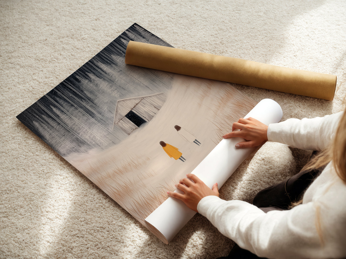 A woman is carefully rolling a fine art poster paper. The paper features winter landscape artwork. Figures are set in a snowy field. This minimalist print suits farmhouse and Scandinavian styles.