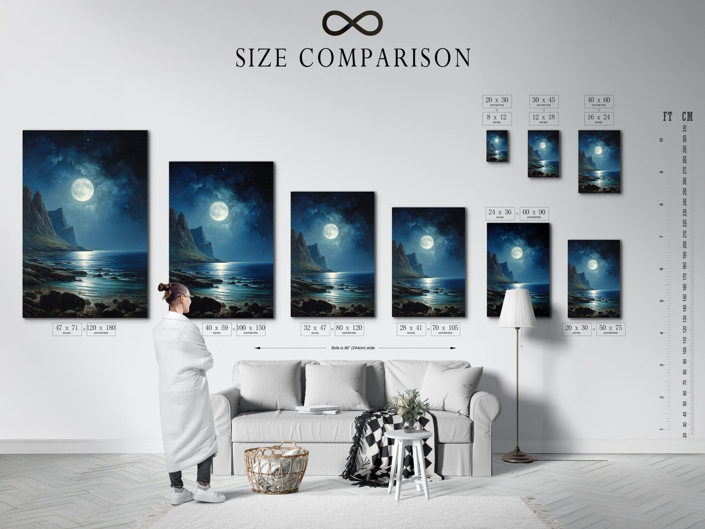 This is a size comparison chart displayed in an interior setting. The chart helps visualize the different sizes of available artwork. It allows you to choose the perfect size for your space. The interior setting provides context for how the artwork will look in a home.
