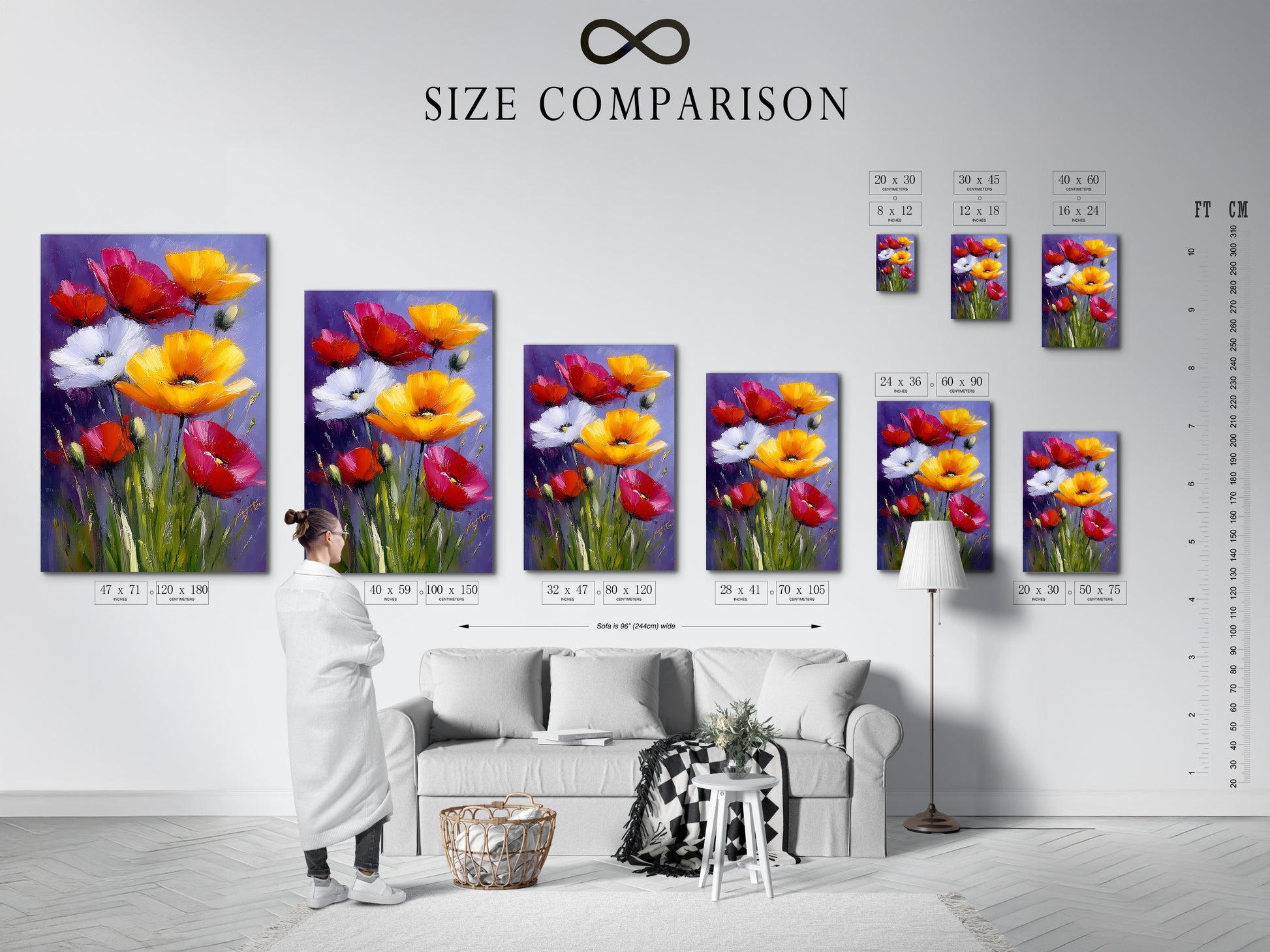 Size comparison chart in an interior setting. Visualize the perfect art size for your space. Make informed decisions with our guide. Find the ideal fit for your home or office today.