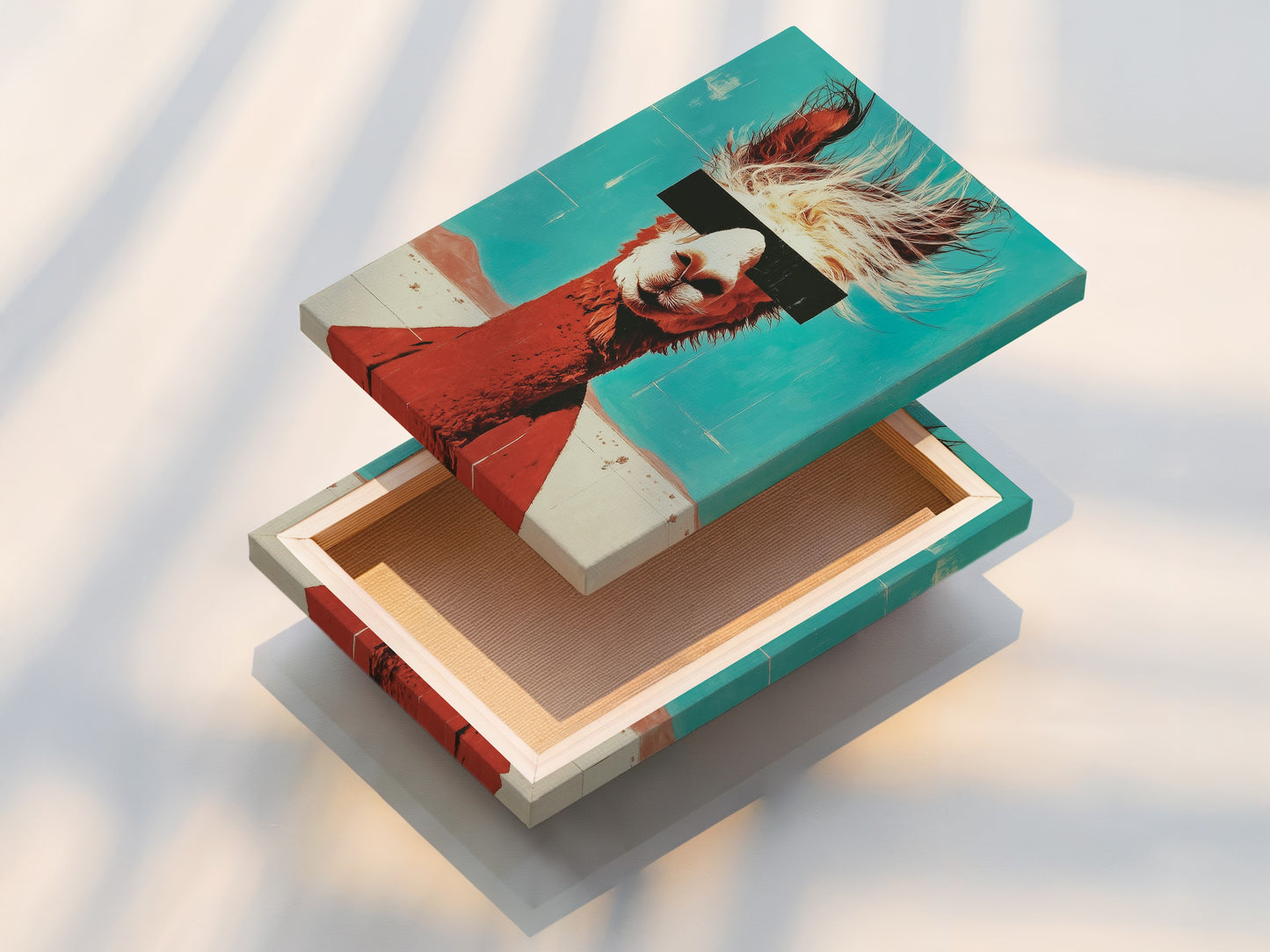 A stretched canvas print featuring a llama. The canvas highlights the retro teal and orange colors. The artwork is ready to hang and enjoy. It is a modern animal wall art for any space.