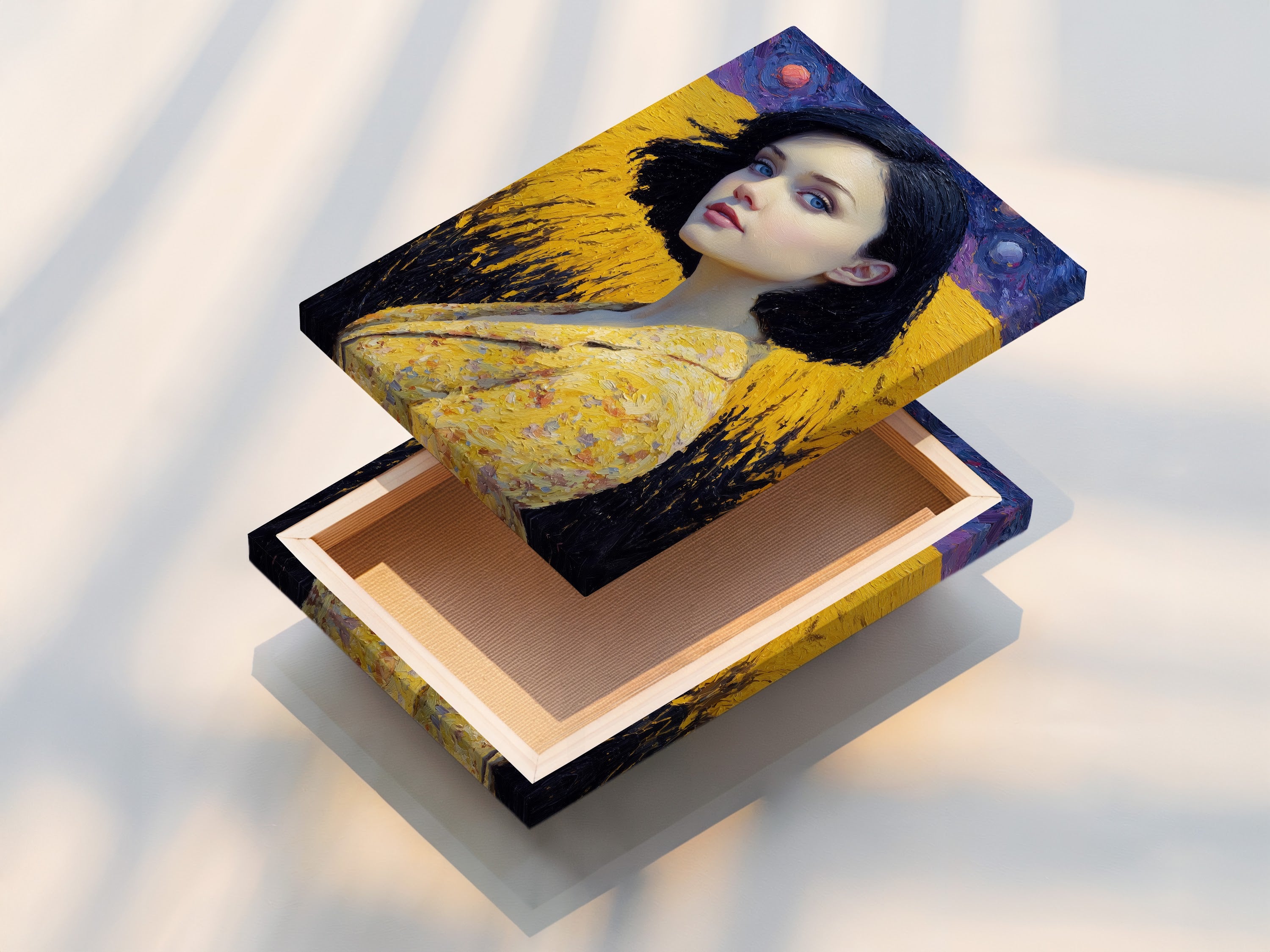 This stretched canvas print showcases angel wings portrait art. The golden yellow contemporary wall art and modern female figure create a stunning visual. Perfect for bedroom decor. The piece adds a touch of sophistication to living room art. It is ideal for upscale studios and stylish lobbies. The artwork elevates any space.