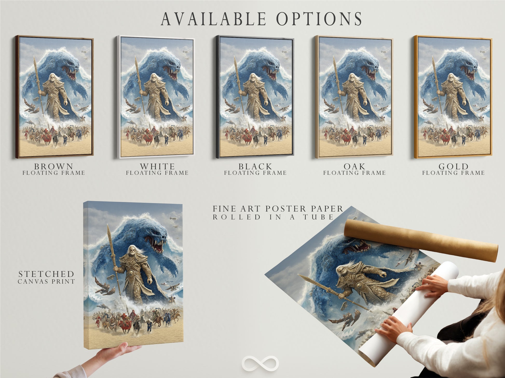 Explore the available options for this epic fantasy artwork. Choose from a stretched canvas print a fine art poster paper or a floating frame. This artwork features an ancient warrior facing a monstrous sea creature. Find the perfect format to match your style and decor needs.