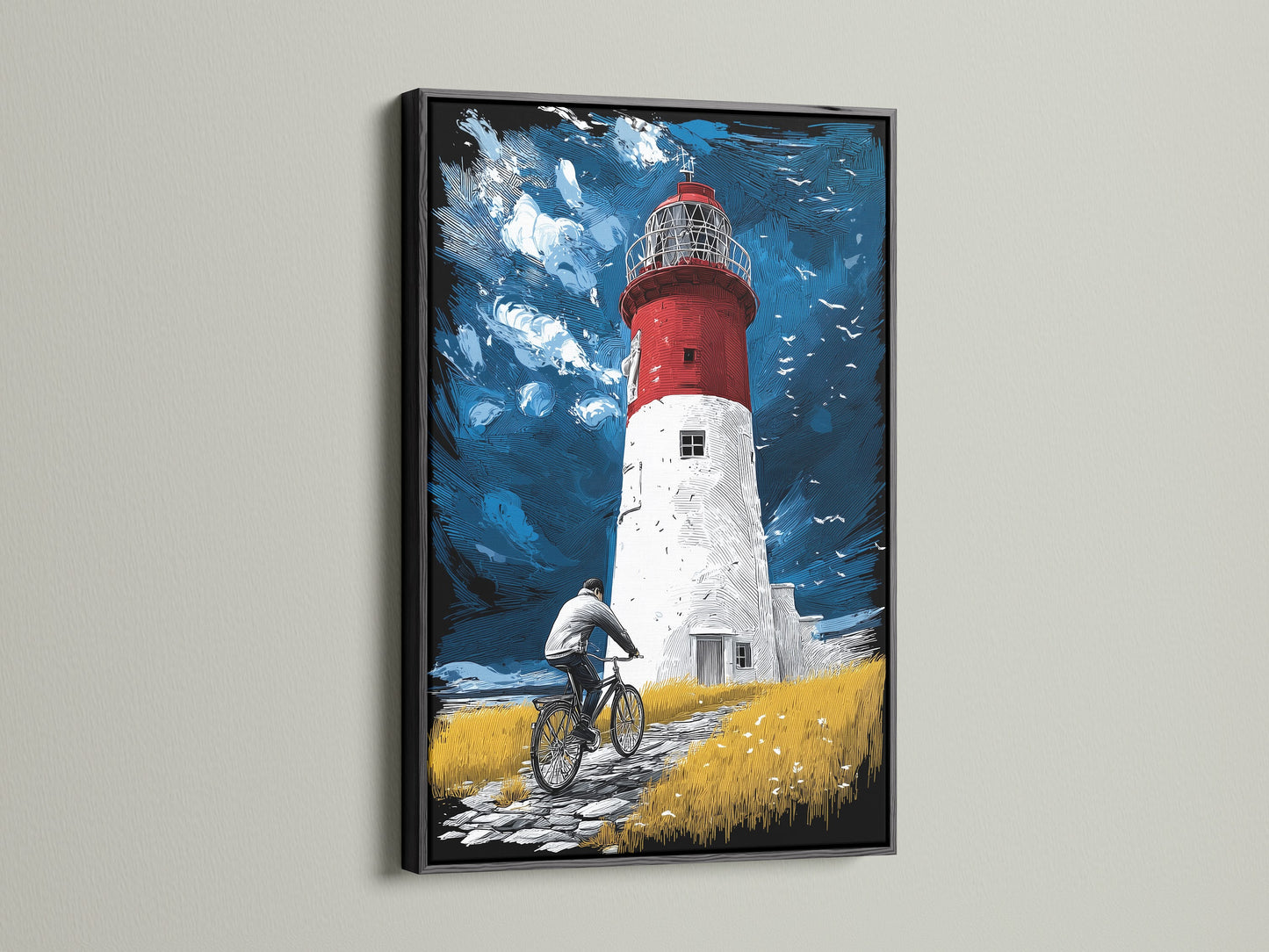 The coastal artwork is displayed in a black frame. The black frame offers a bold contrast to the coastal art. This frame style is perfect for a modern and sophisticated office or living room wall decor.