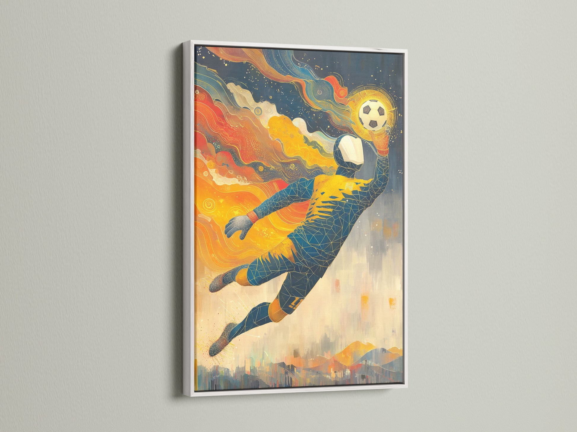 A soccer goalkeeper artwork is featured in a white frame. This sports wall decor brightens any room. The football player poster is perfect for boys. This athletic art adds a fresh touch to dorm rooms or minimalist interiors. It is great for sports-themed spaces.