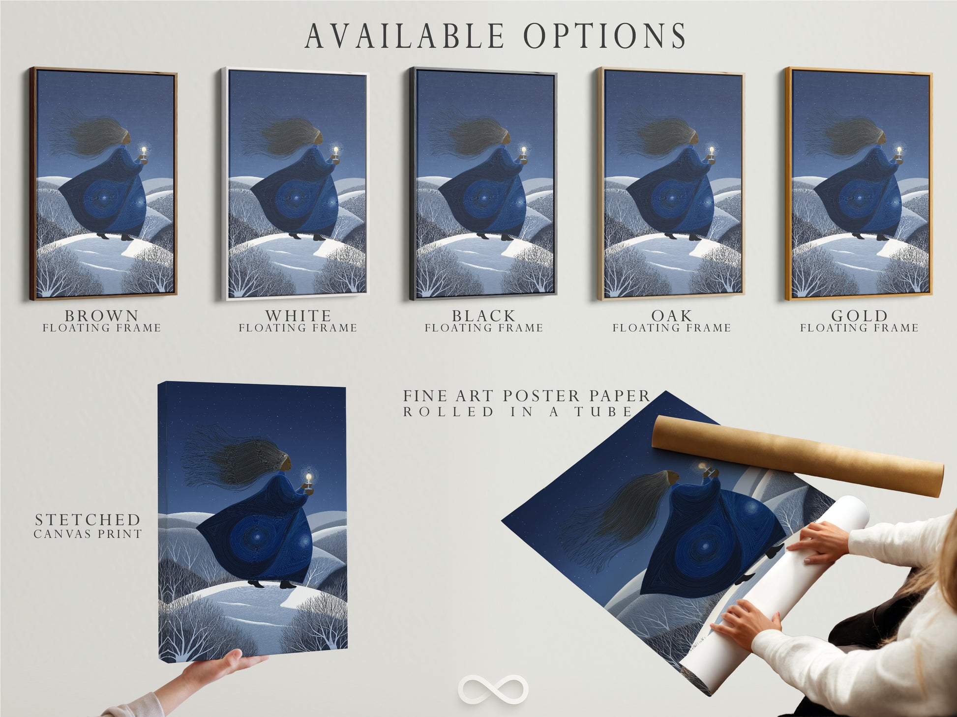 Available options for the Mystical Woman artwork. Choose from stretched canvas print fine art poster paper or floating frame. Elevate your space with ethereal figure art. The woman with a lantern adds a magical touch. Find your perfect style today.