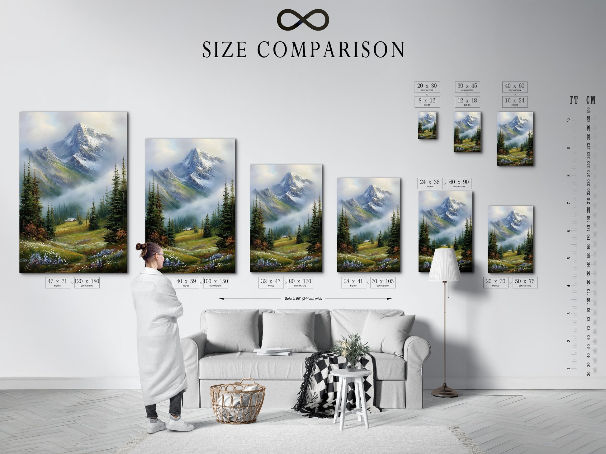 This is a size comparison chart displayed in an interior setting. Visualize how different art sizes will look in your home. Find the perfect dimensions to fit your space. Plan your gallery wall with our helpful size chart.