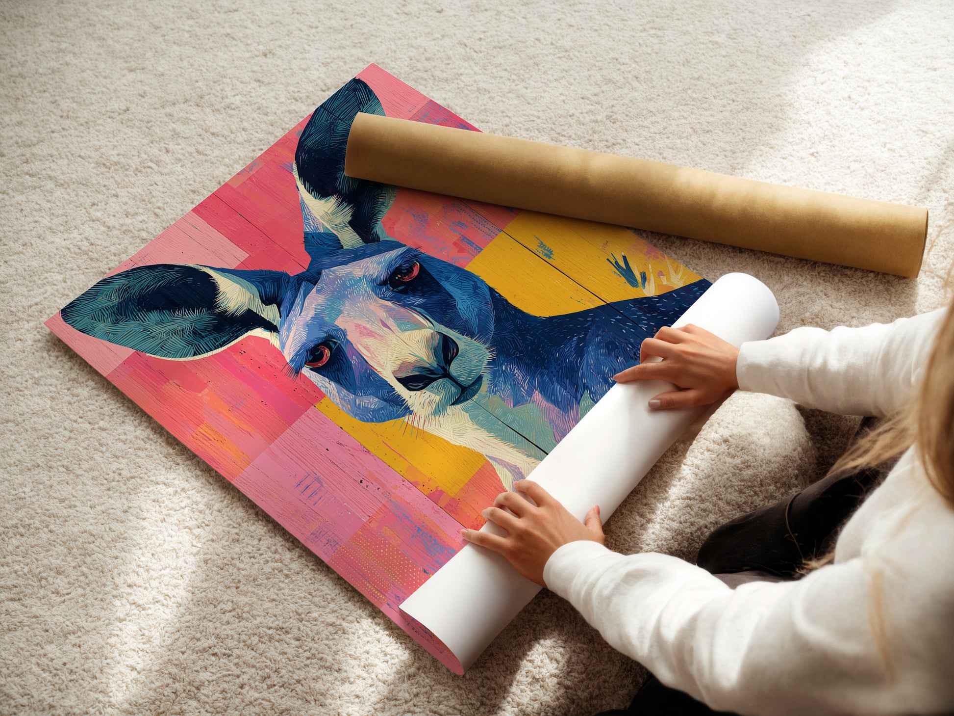 A woman rolls a fine art poster paper. The paper is high quality ensuring vibrant colors. It is ideal for art prints and posters. This will protect your art for years.