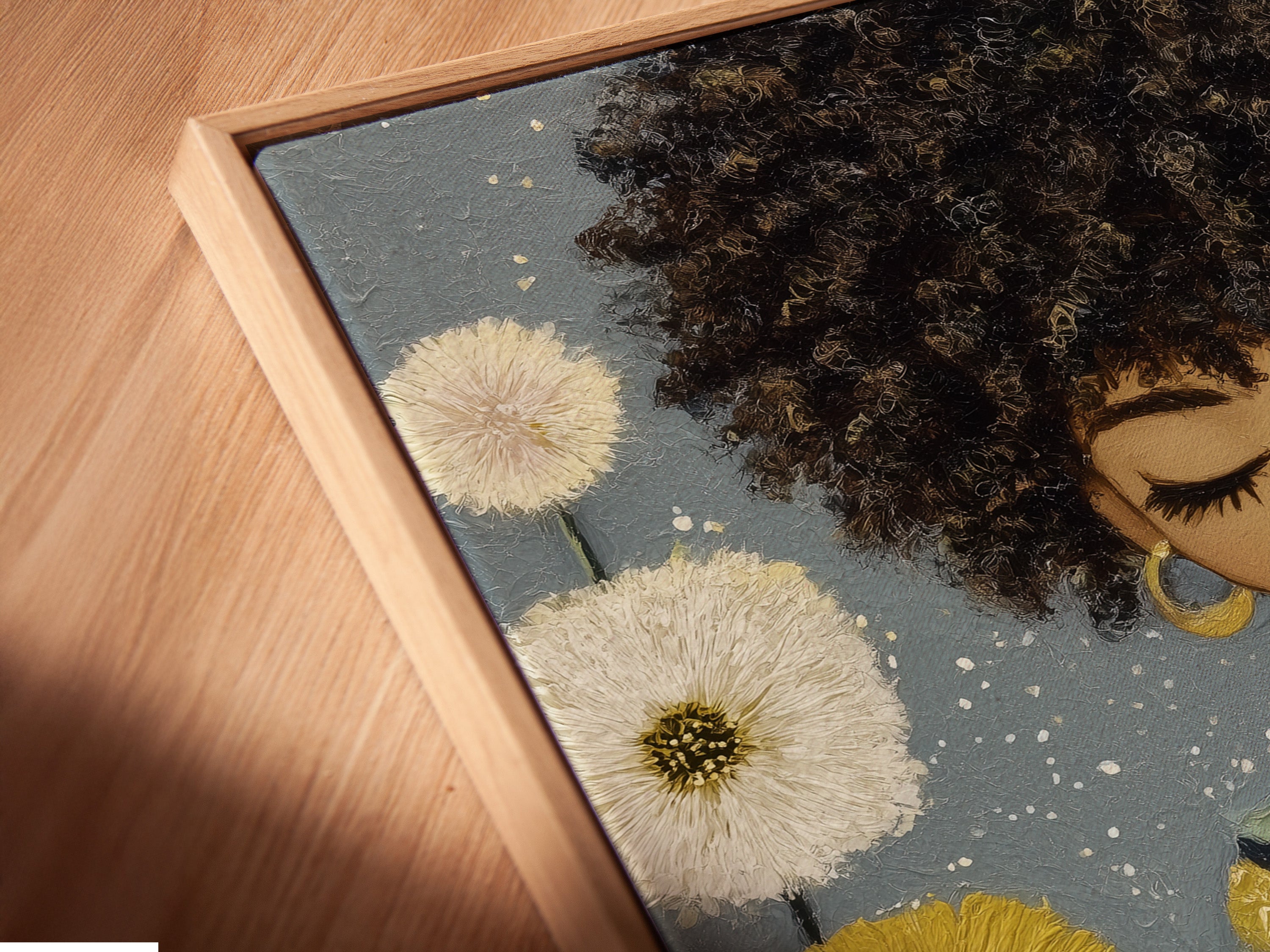 A close-up angled view of a canvas print in a floating frame. The Black Girl Prayer Art Print is a beautiful piece. This African American art enhances any space. It is perfect for medical students and art lovers.